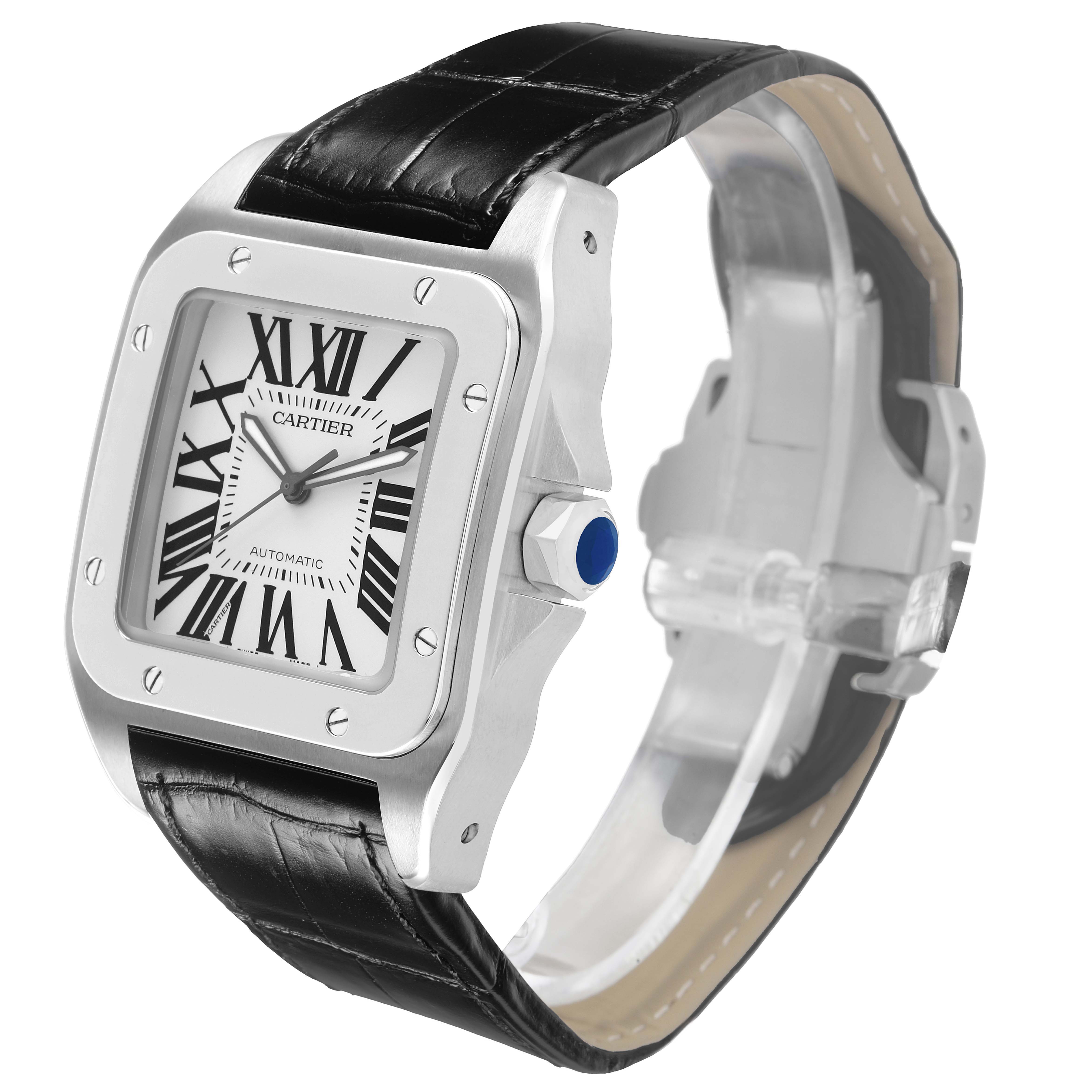 The image shows a Cartier Santos W20073X8 Men's Stainless Steel Silver Dial watch at a side angle, displaying its dial, crown, and leather strap.