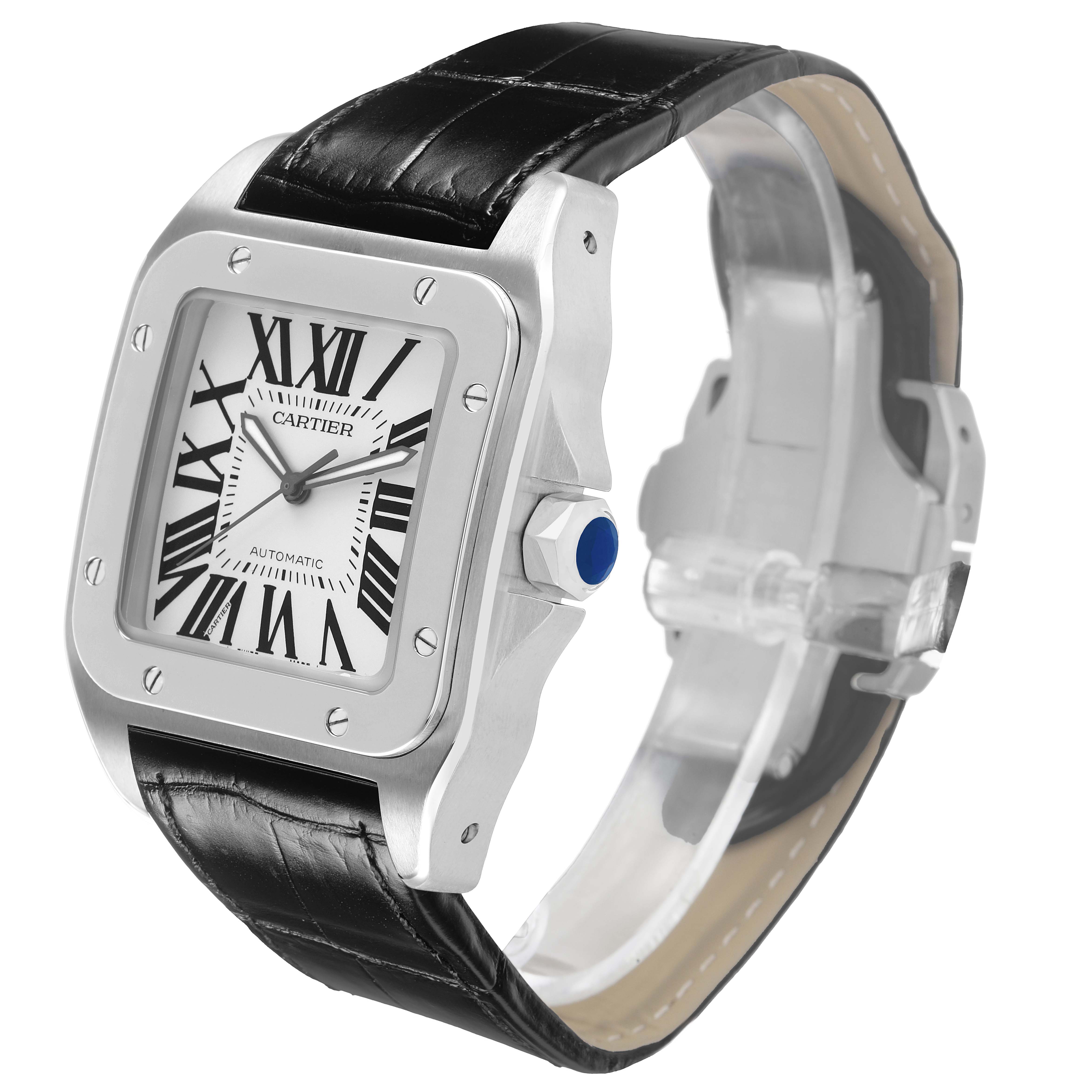 The Cartier Santos W20073X8 Men's Stainless Steel Silver Dial watch is shown at a three-quarter angle, highlighting its face, bezel, crown, and leather strap.