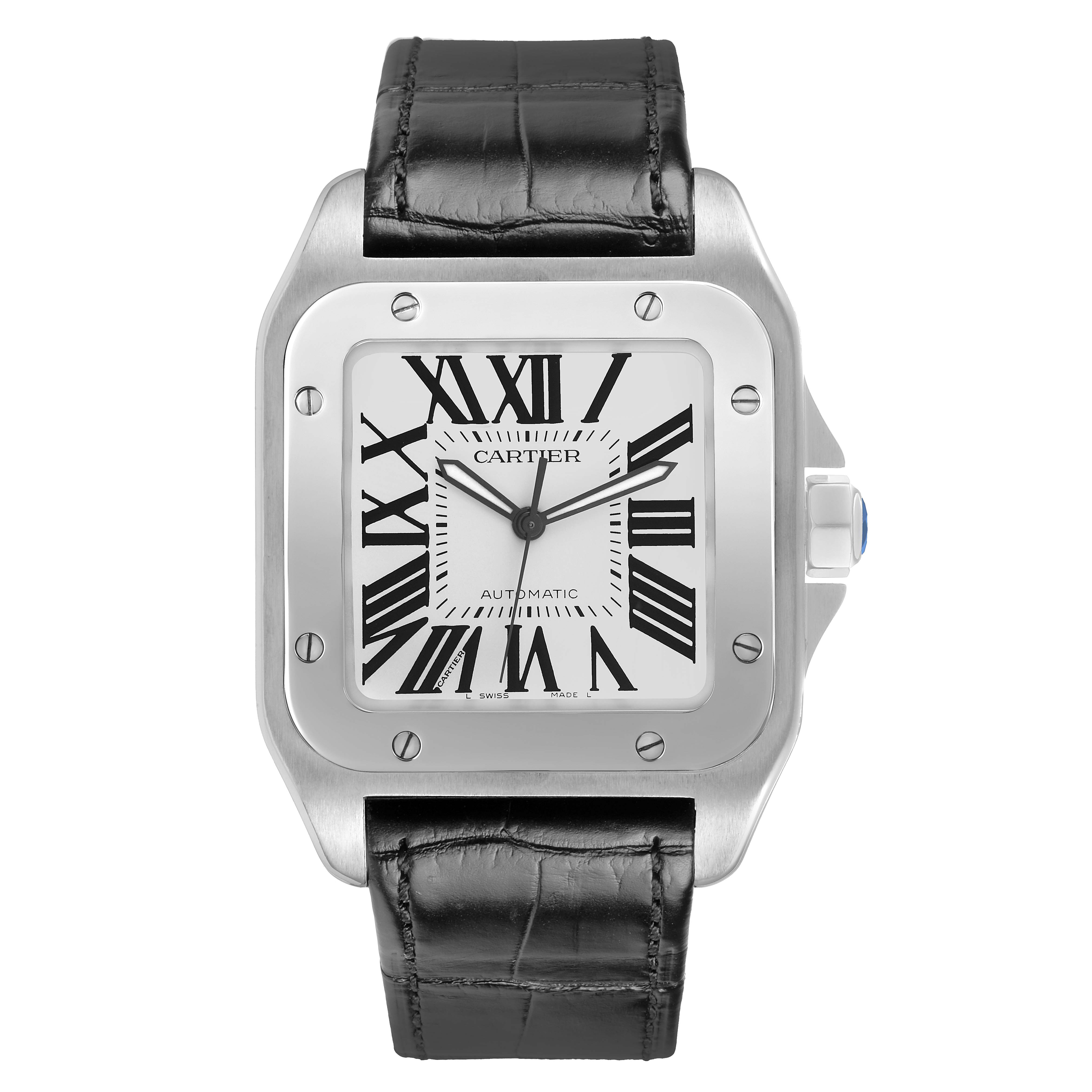 The Cartier Santos W20073X8 Men's Stainless Steel Silver Dial watch is shown from the front, displaying the face, bezel, crown, and strap.