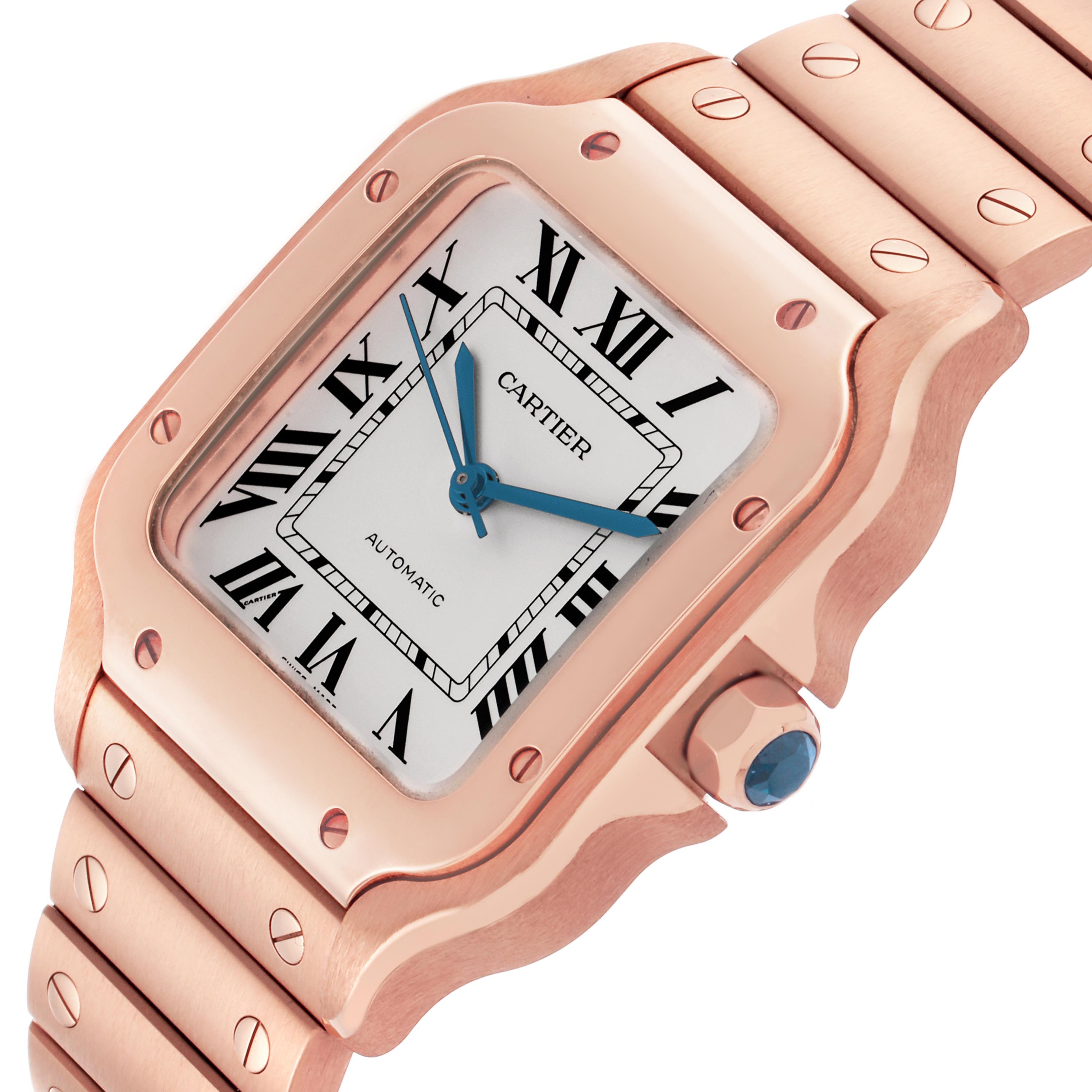 The Cartier Santos WGSA0031 Men's Rose Gold Silver Dial WGSA0031 Men's Rose Gold Silver Dial watch is shown at an angled view, highlighting the front face, bezel, and part of the bracelet.