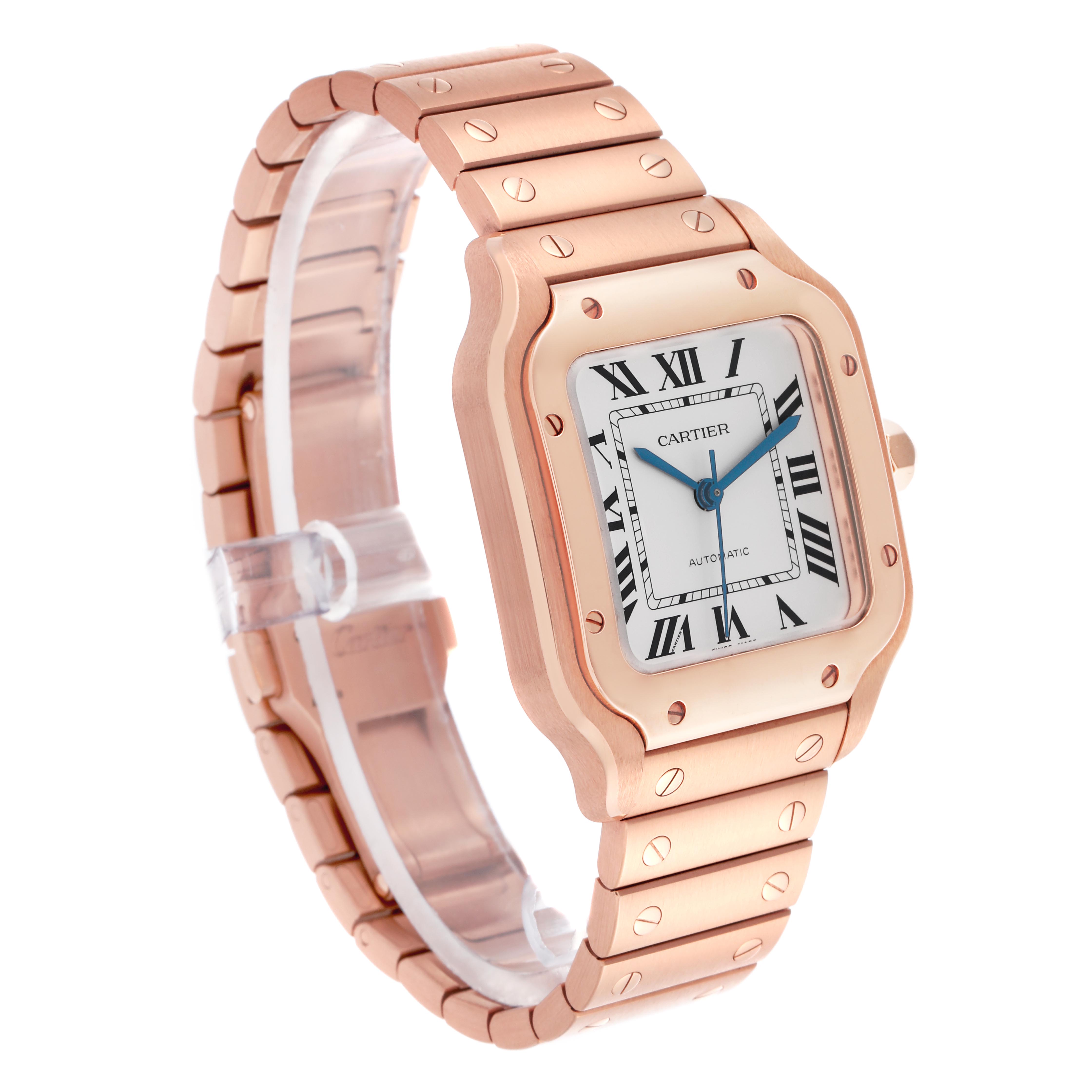 The Cartier Santos WGSA0031 Men's Rose Gold Silver Dial WGSA0031 Men's Rose Gold Silver Dial watch is shown at a three-quarter angle, highlighting the face, bezel, crown, and bracelet.