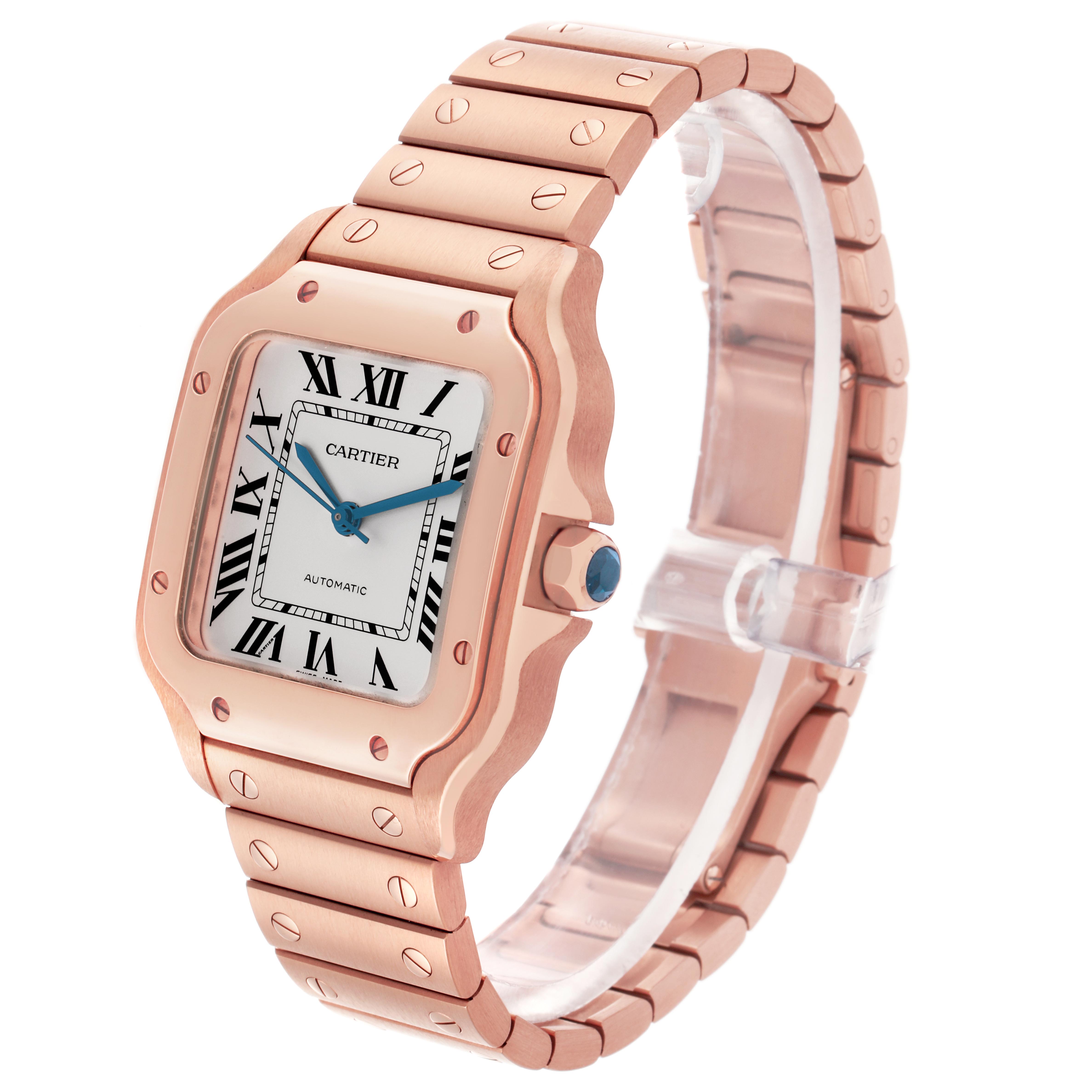 The Cartier Santos WGSA0031 Men's Rose Gold Silver Dial WGSA0031 Men's Rose Gold Silver Dial watch is shown at a three-quarter angle, highlighting the case, dial, bezel, and bracelet.