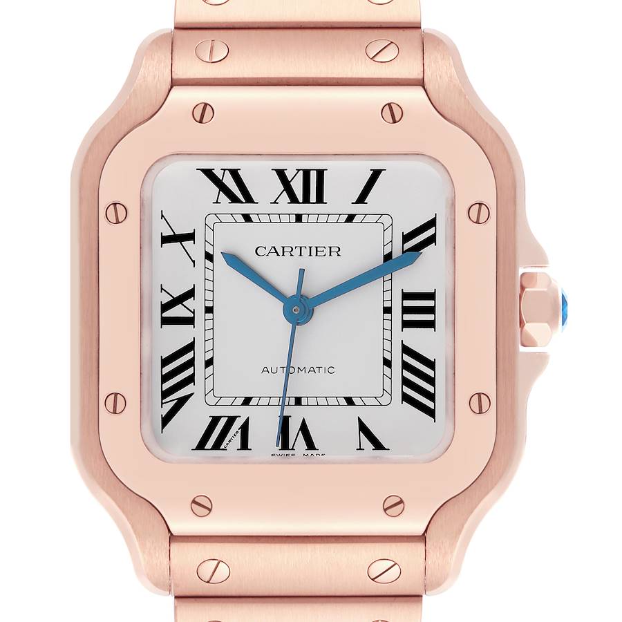 The Cartier Santos watch is shown from the front, featuring its square dial, roman numerals, blue hands, and exposed screws on the bezel.