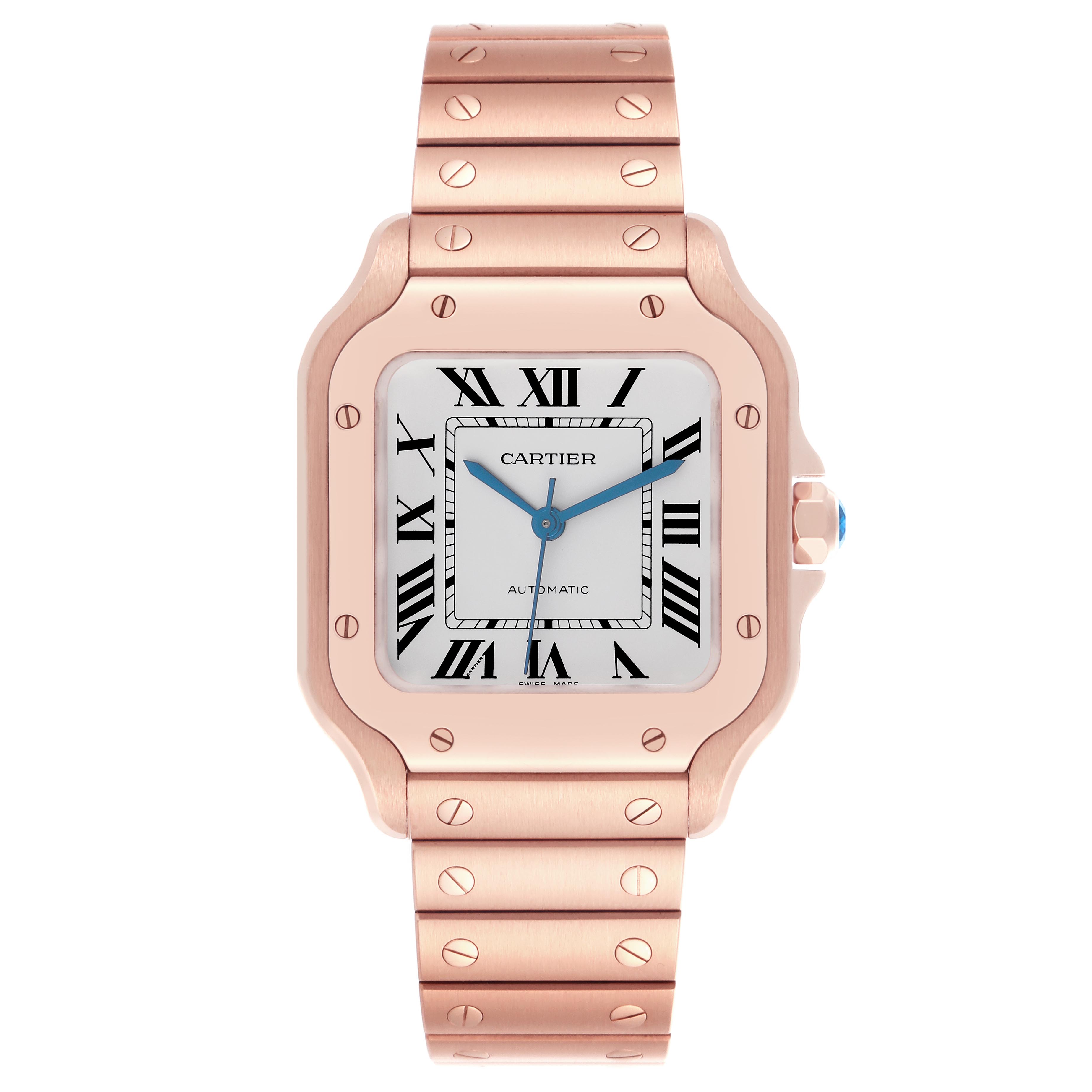 The Cartier Santos WGSA0031 Men's Rose Gold Silver Dial WGSA0031 Men's Rose Gold Silver Dial watch is shown from a top-down angle, displaying the face, bezel, crown, and bracelet.