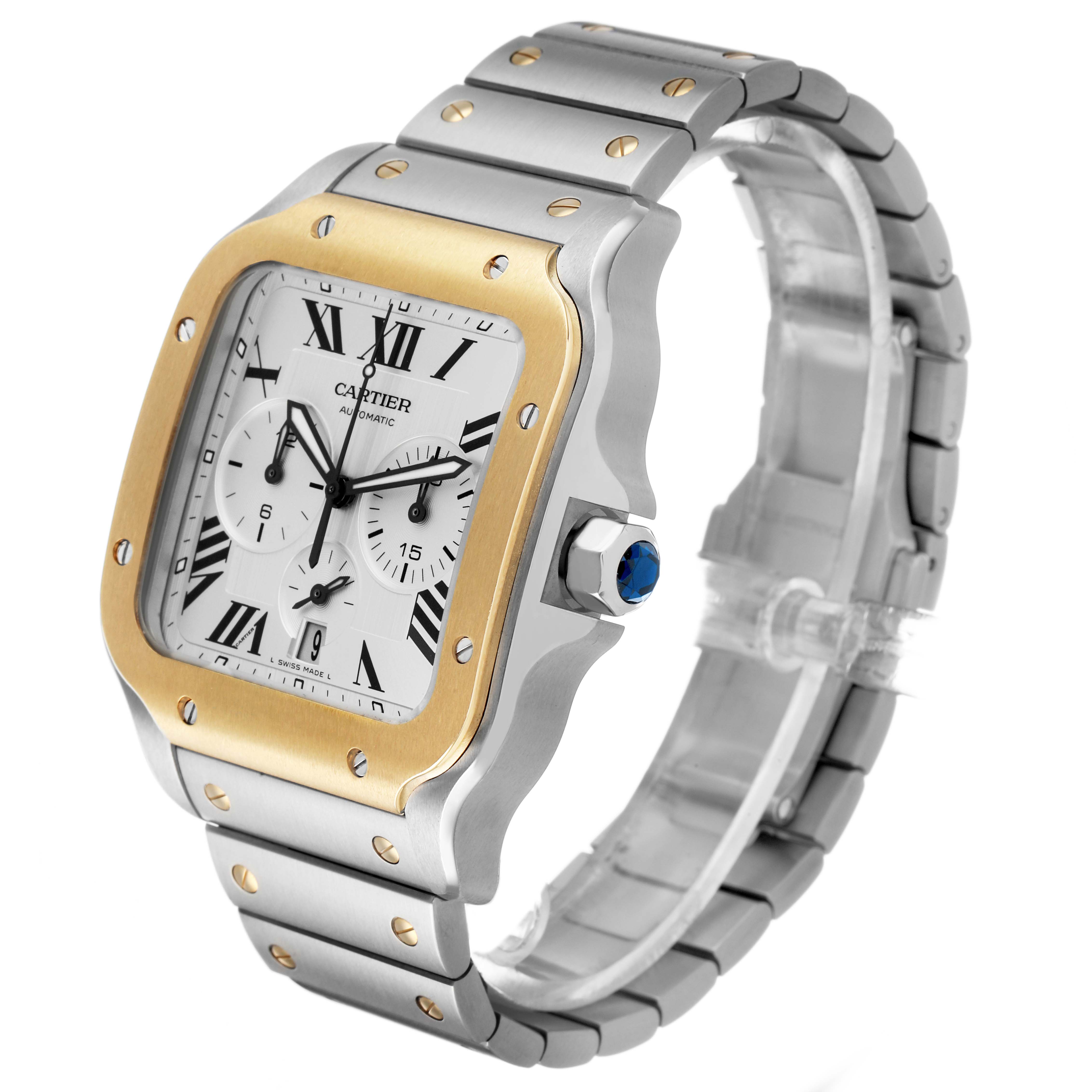 The Cartier Santos W2SA0008 Women's Stainless Steel Silver Dial watch is shown at a three-quarter angle, displaying the face, bezel, crown, and stainless steel and gold bracelet.