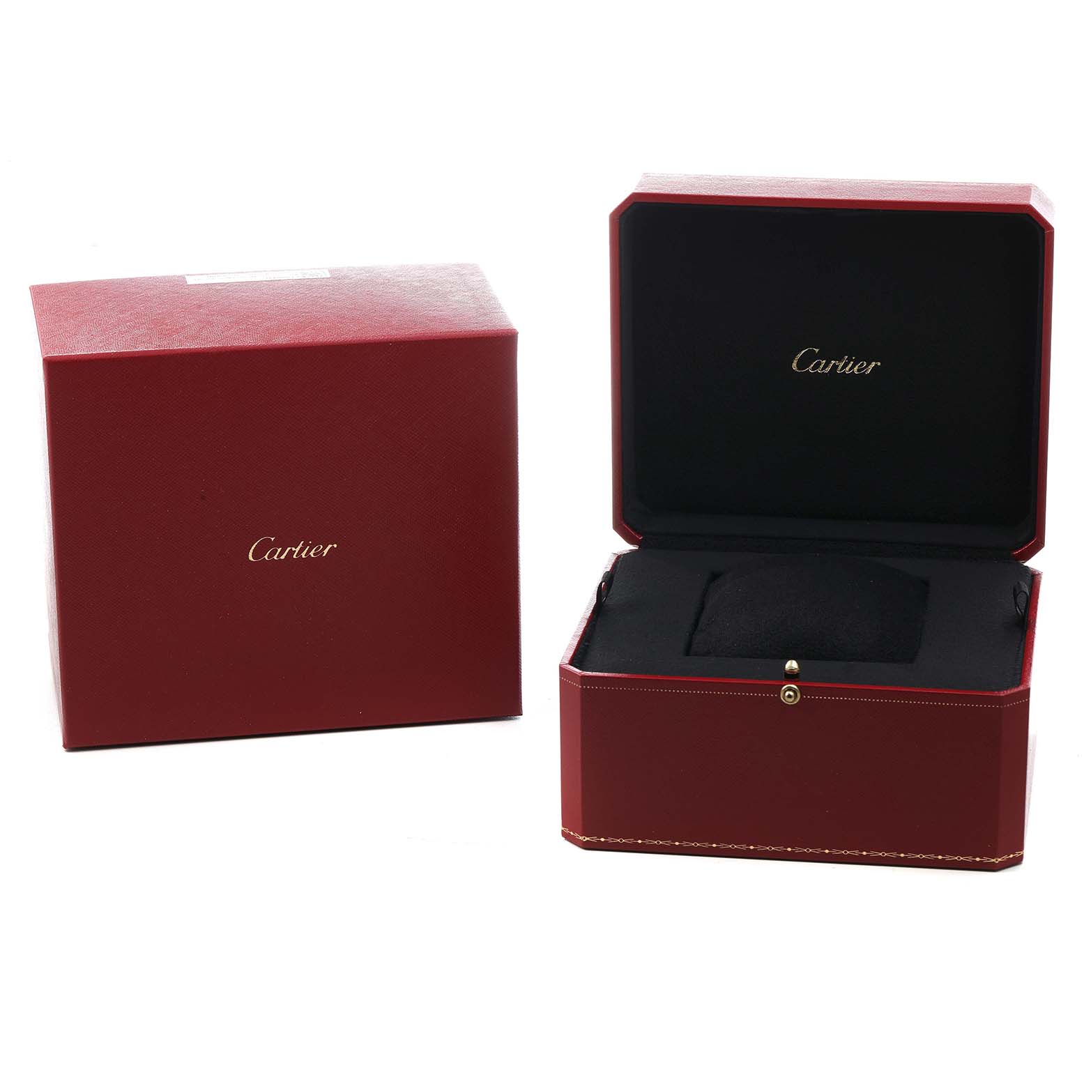 The image shows a red Cartier watch box for the Santos model, with the lid open and the cushion inside.