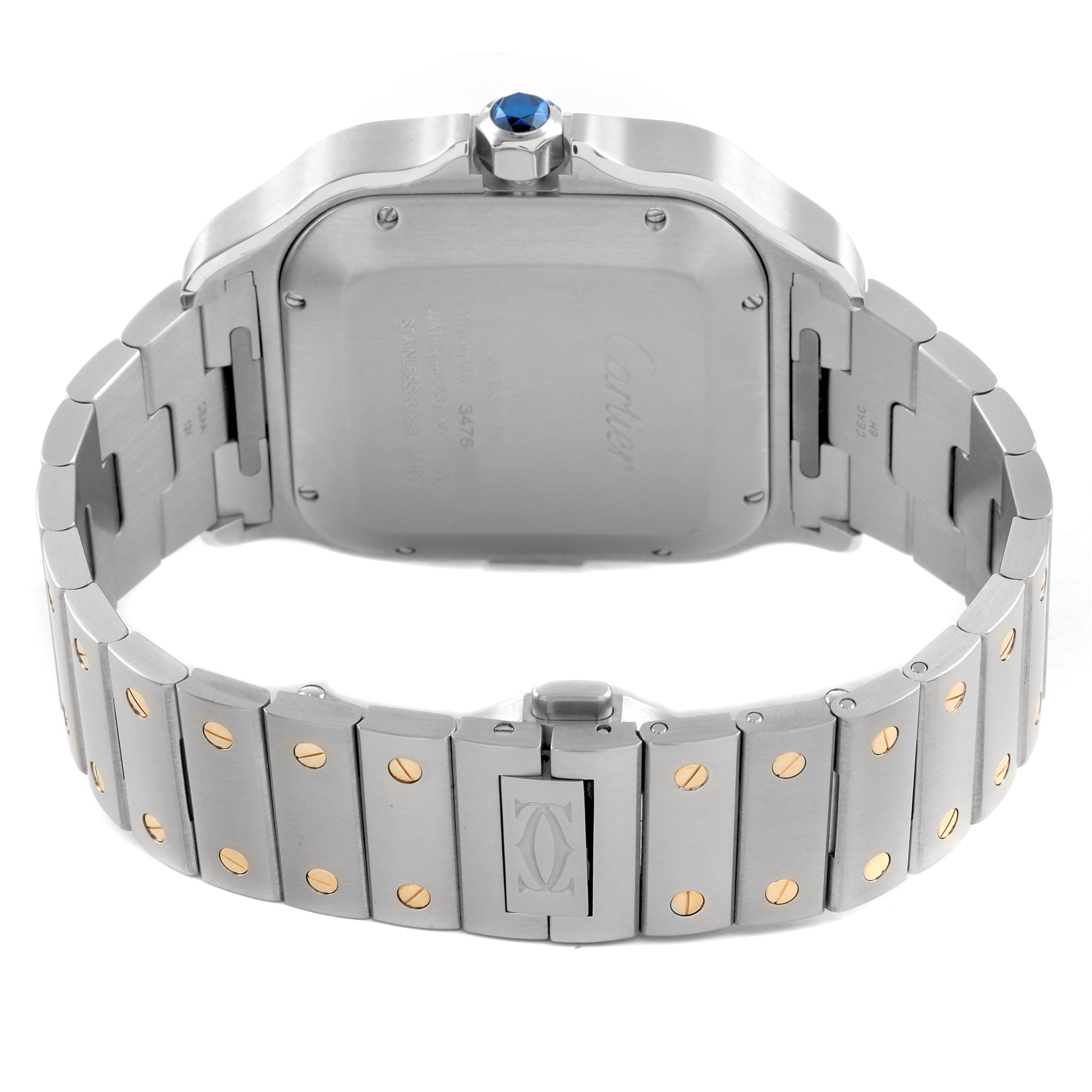 The image shows the back case and bracelet of a Cartier Santos W2SA0008 Women's Stainless Steel Silver Dial watch, highlighting the clasp and blue crown from the rear.