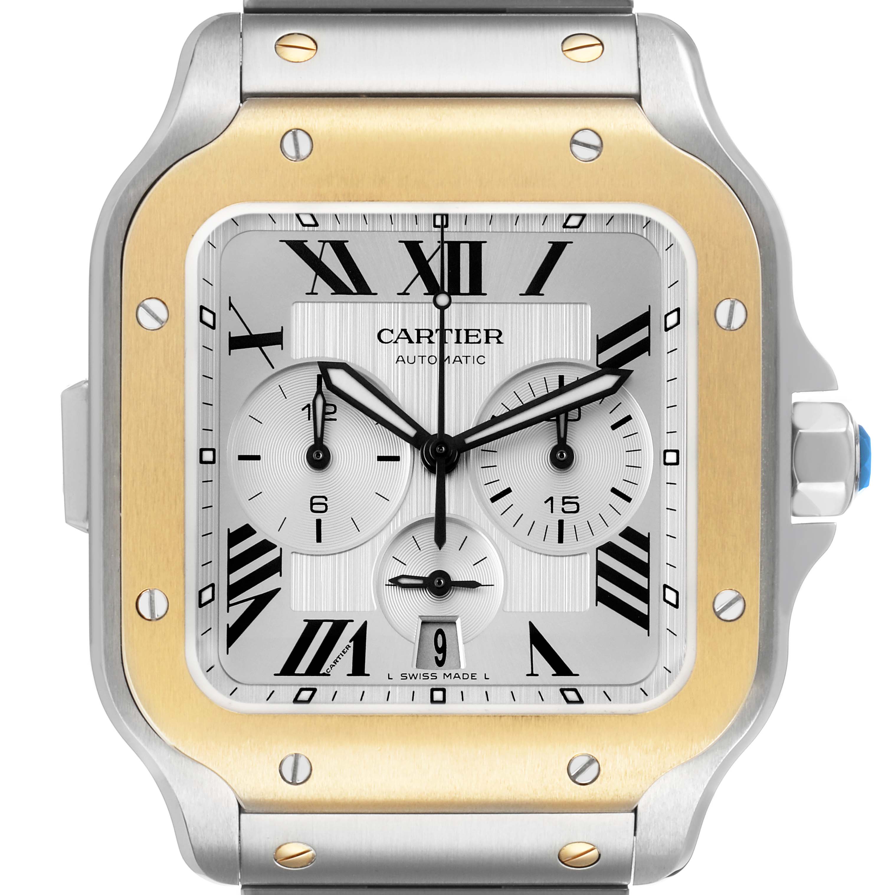 The Cartier Santos W2SA0008 Women's Stainless Steel Silver Dial watch is shown from a front angle, highlighting its face, bezel, and part of the bracelet.