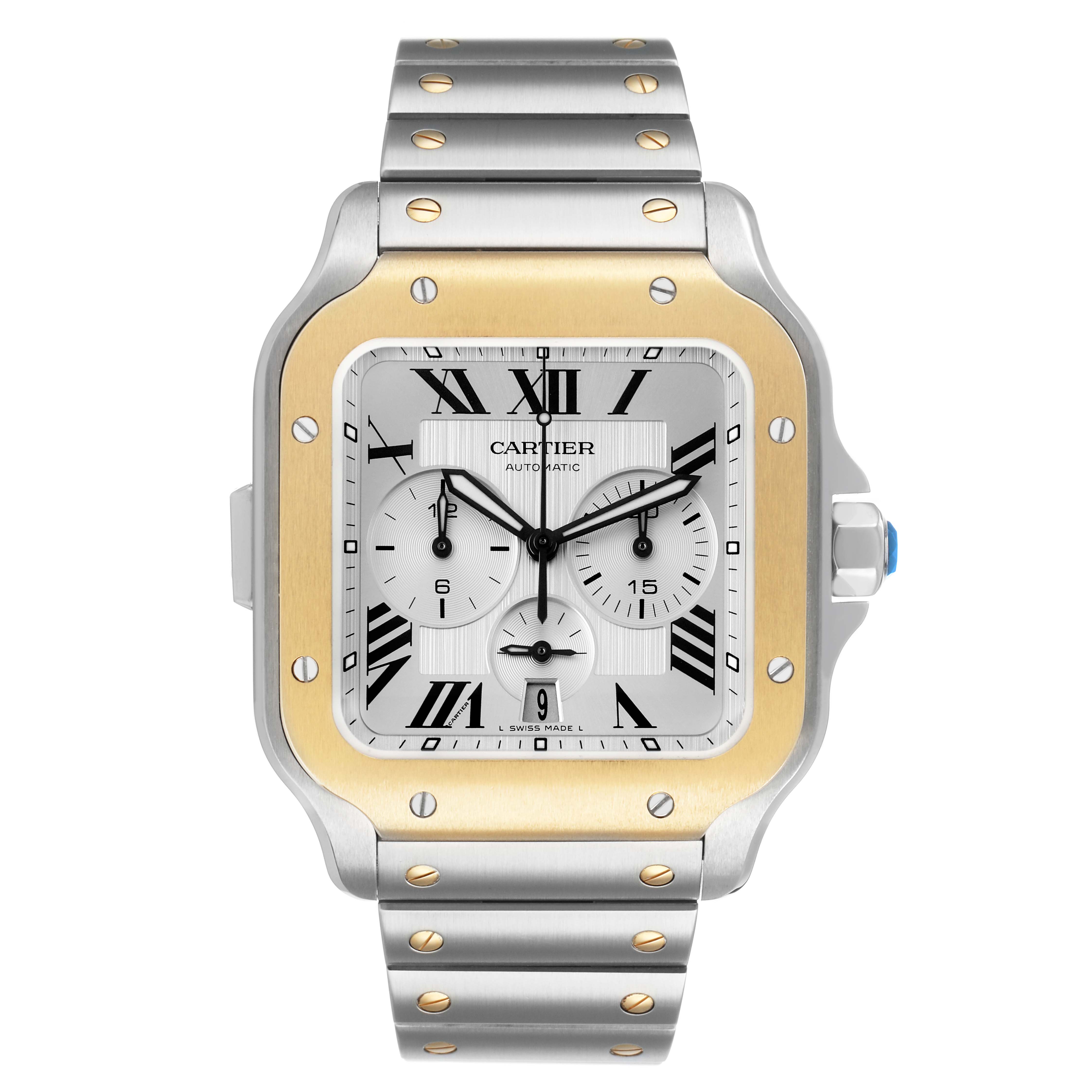 The Cartier Santos W2SA0008 Women's Stainless Steel Silver Dial watch is shown from the front, highlighting its dial, bezel, and metal bracelet.
