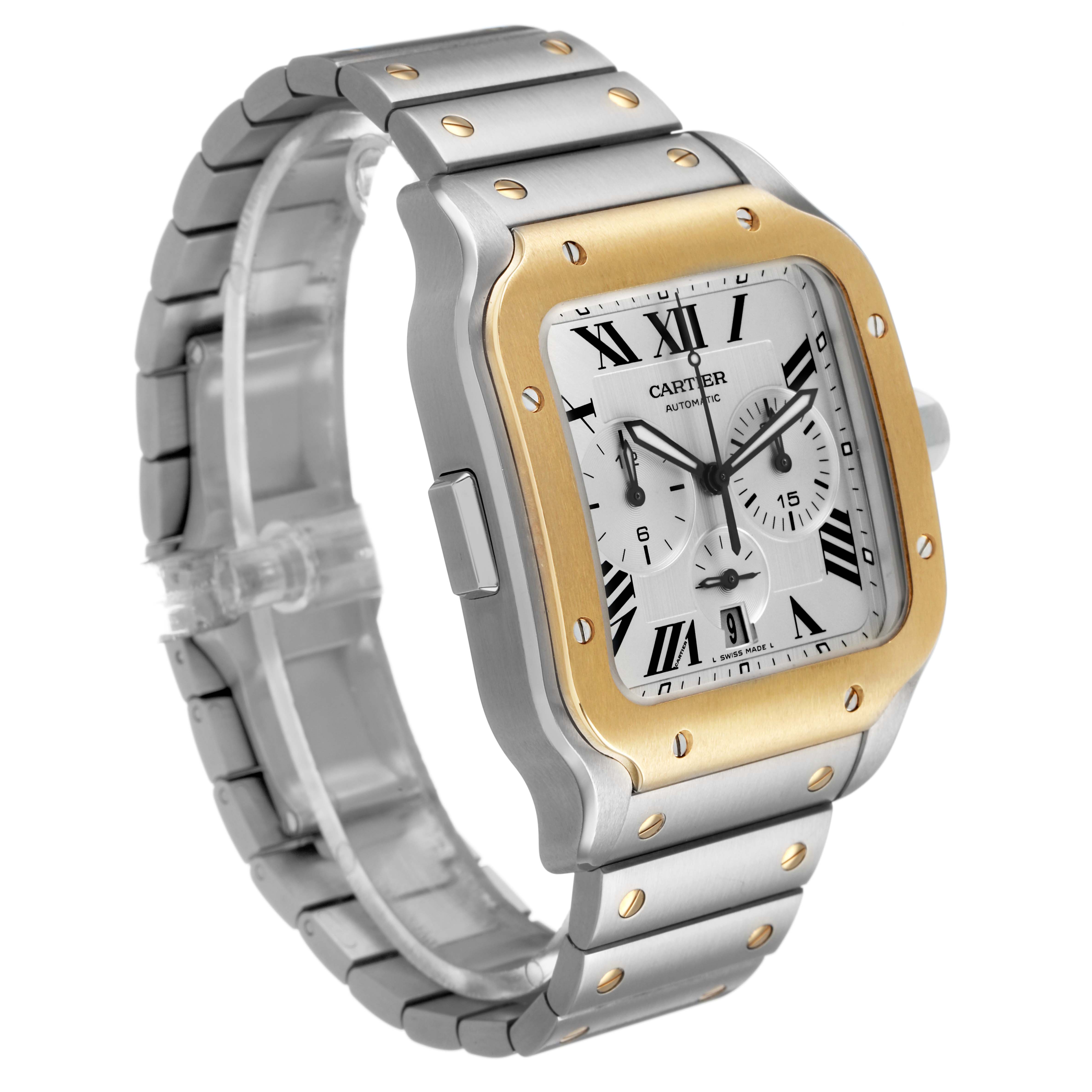 The Cartier Santos W2SA0008 Women's Stainless Steel Silver Dial watch is shown at a three-quarter angle, highlighting the silver and gold-toned case and bracelet.
