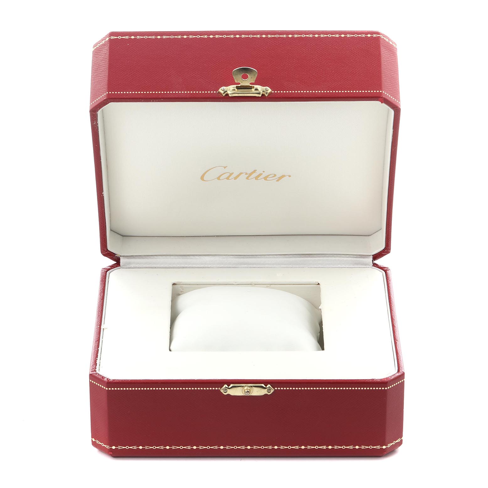 The image shows an open red Cartier box at an eye-level angle, designed for the Tank Americaine model watch.