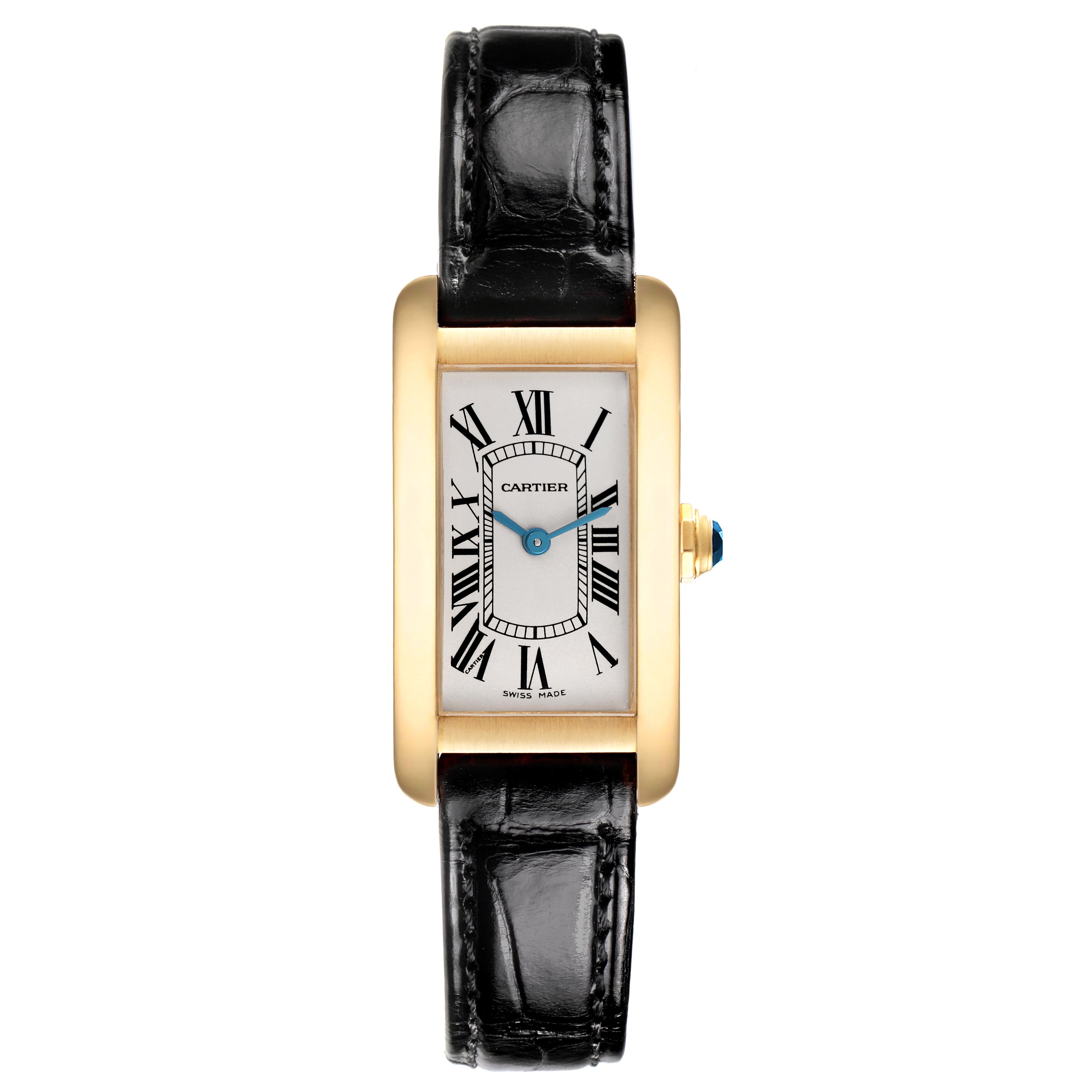The Cartier Tank Américaine watch is shown from a straight-on angle, displaying the entire face with Roman numerals and a leather strap.