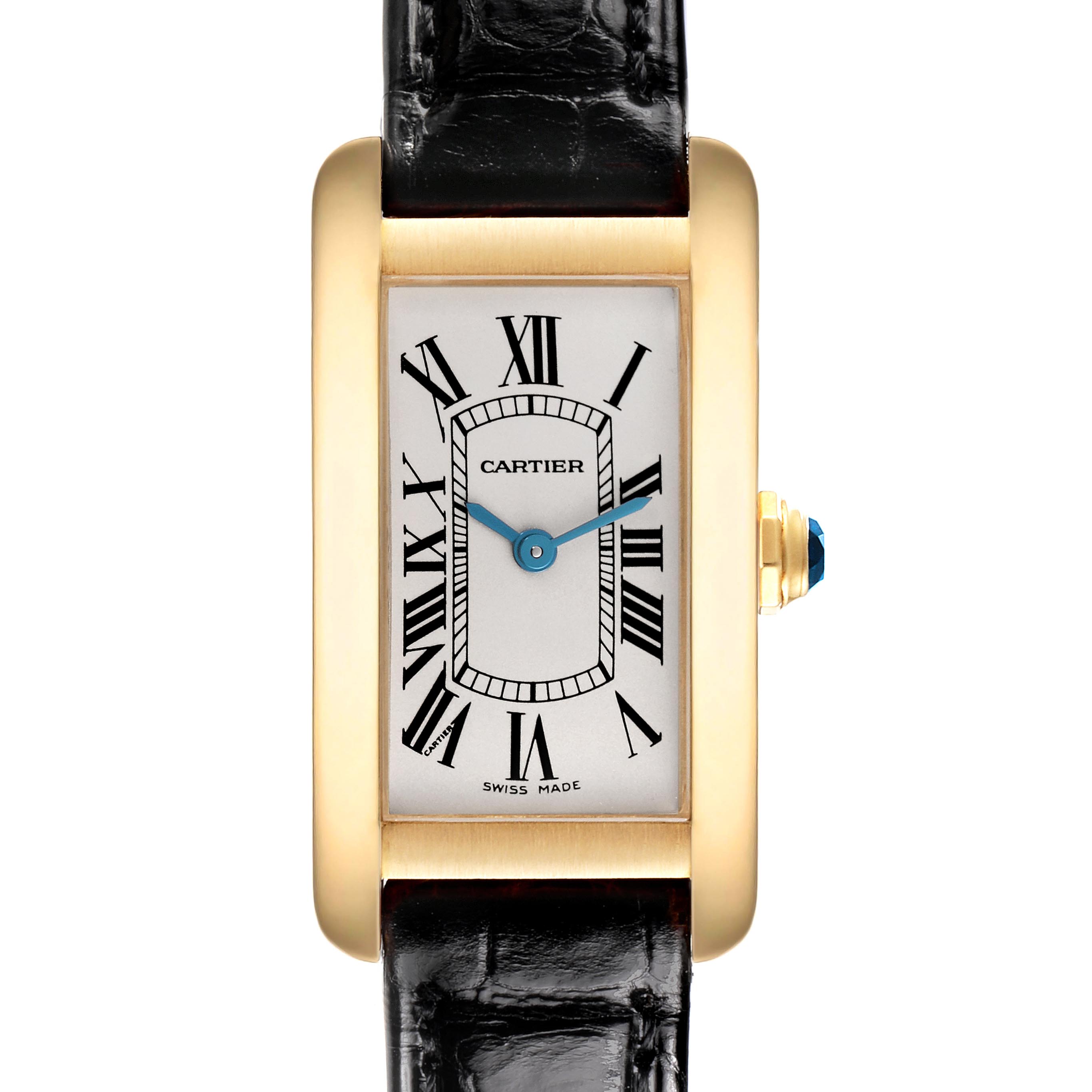 The Cartier Tank Américaine watch is shown from a front angle, highlighting the dial, case, crown, and strap.