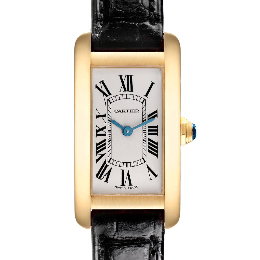 The Cartier Tank Américaine watch is shown from a front angle, highlighting the dial, case, crown, and strap.