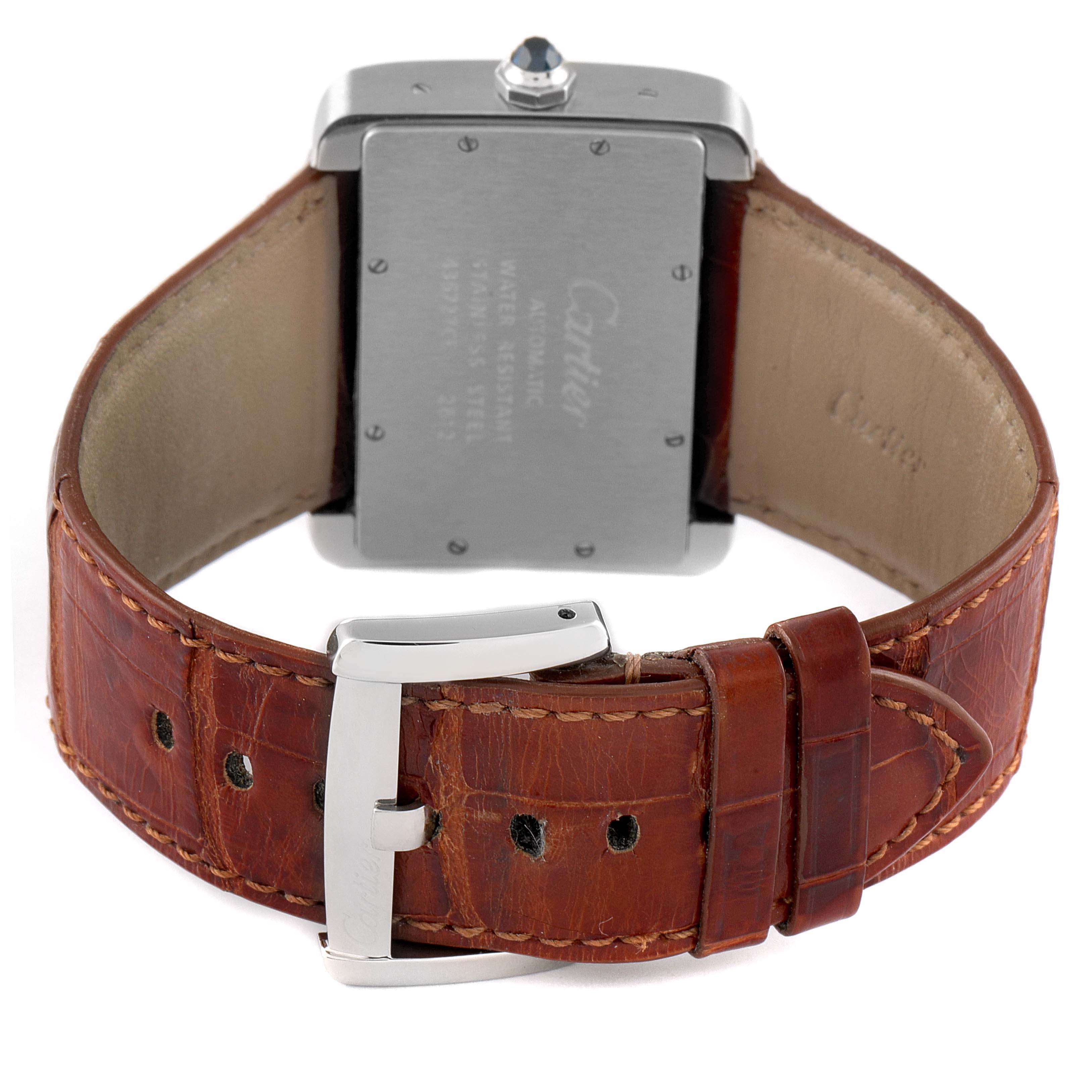 The image shows the back view of a Cartier Tank Divan W6300755 Women's Stainless Steel Silver Dial W6300755 Women's Stainless Steel Silver Dial watch with a brown leather strap and silver buckle.