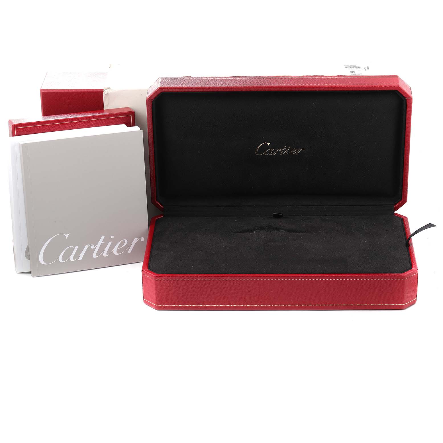 This image shows the packaging and accessories for a Cartier Tank Divan W6300755 Women's Stainless Steel Silver Dial W6300755 Women's Stainless Steel Silver Dial watch, including a red watch box and accompanying documentation.