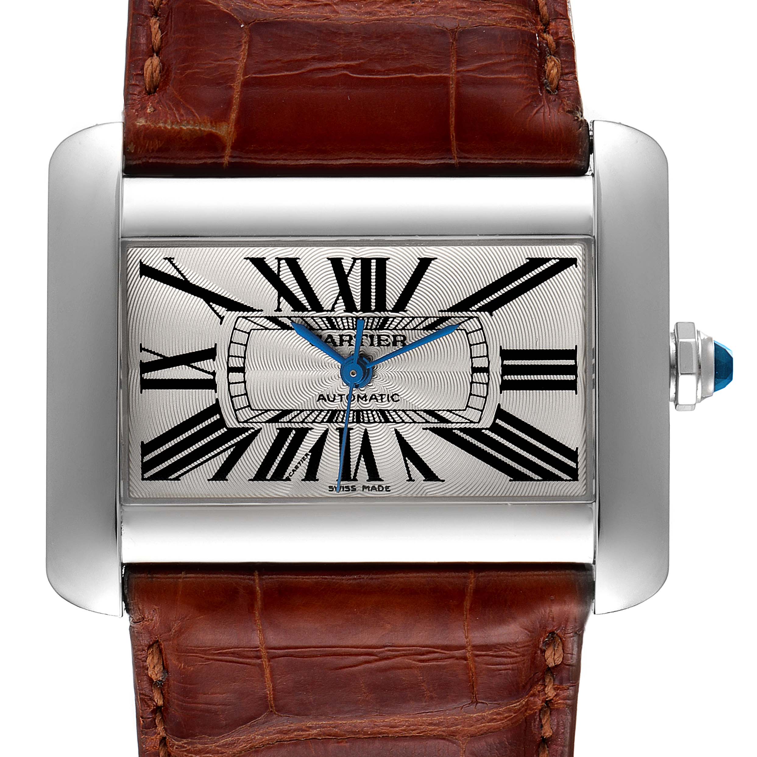 This image shows a front view of the Cartier Tank Divan W6300755 Women's Stainless Steel Silver Dial W6300755 Women's Stainless Steel Silver Dial watch, highlighting the face, dial, and part of the leather strap.
