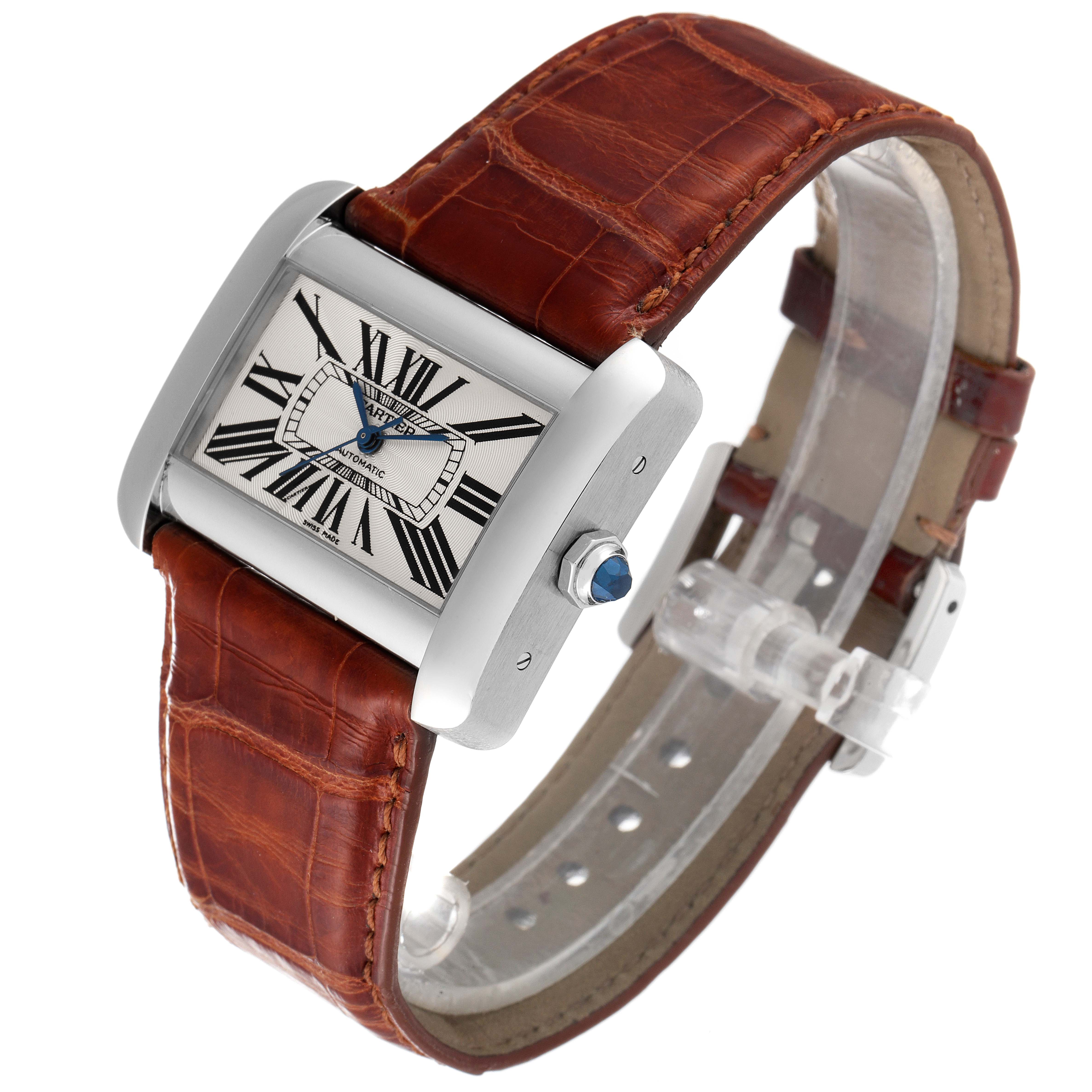 The image shows a Cartier Tank Divan W6300755 Women's Stainless Steel Silver Dial W6300755 Women's Stainless Steel Silver Dial watch at a three-quarter angle, highlighting the face, strap, and crown.