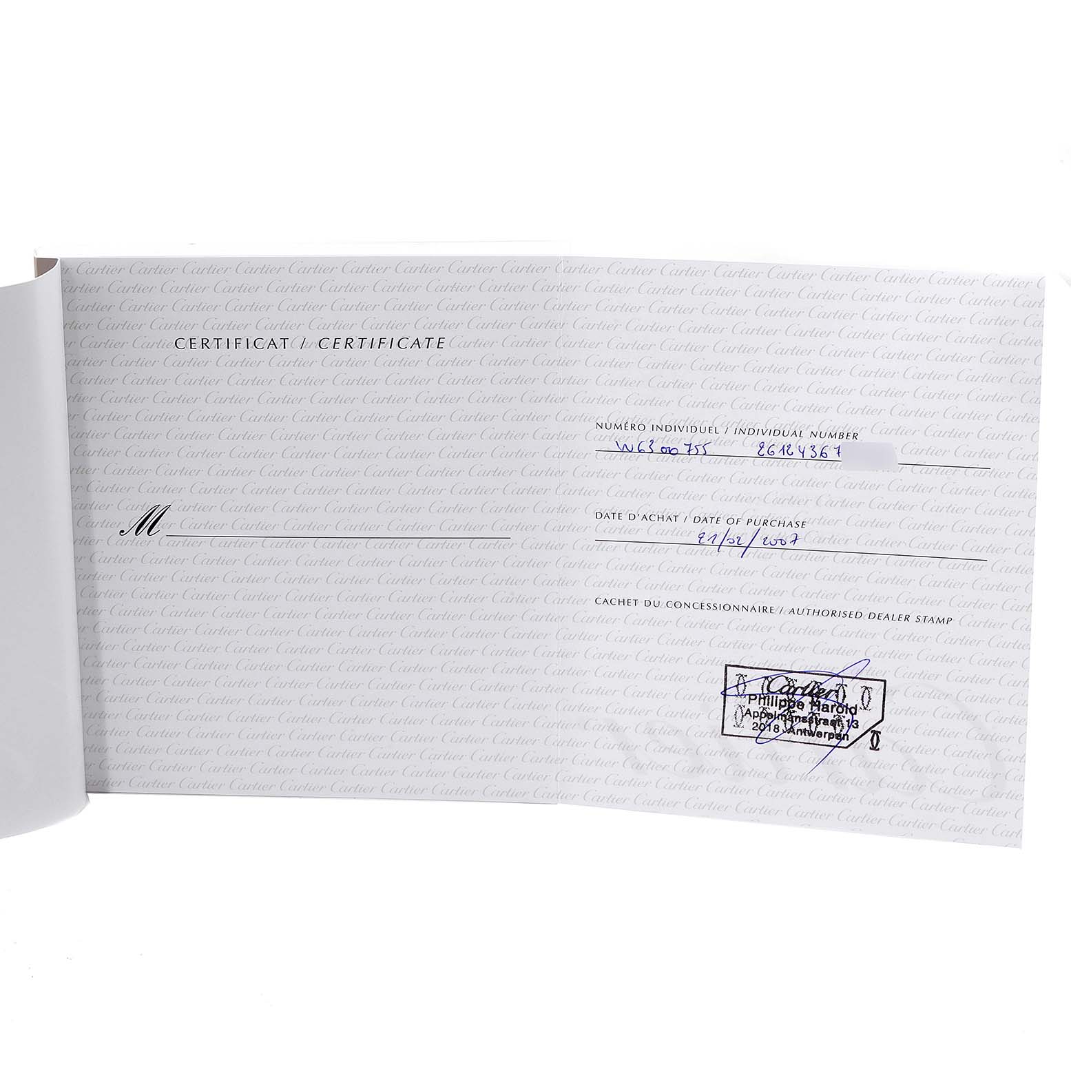 The image shows the certificate of authenticity for a Tank Divan model by Cartier.