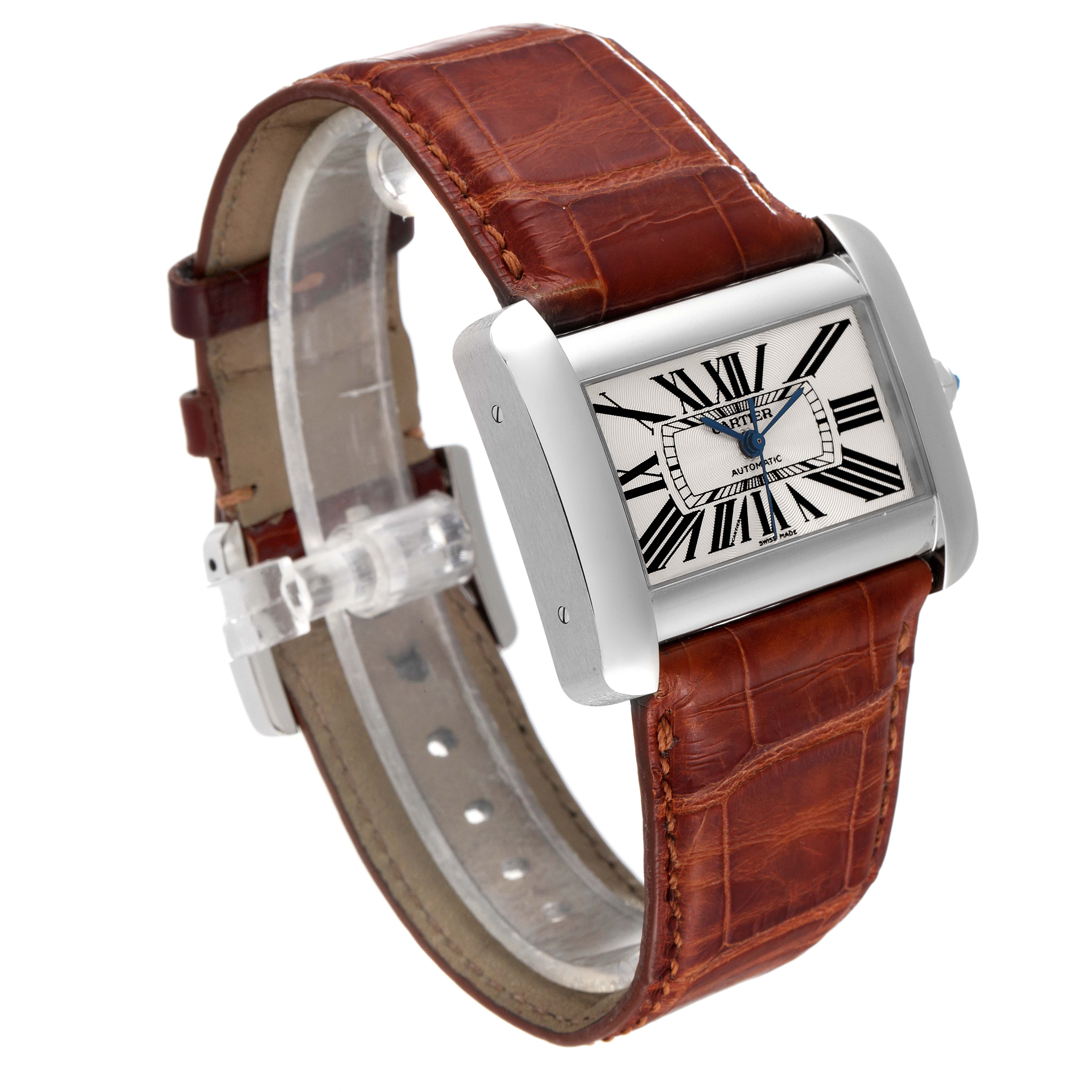 The image shows a Cartier Tank Divan W6300755 Women's Stainless Steel Silver Dial W6300755 Women's Stainless Steel Silver Dial watch from an angled front view, highlighting its rectangular face and brown leather strap.