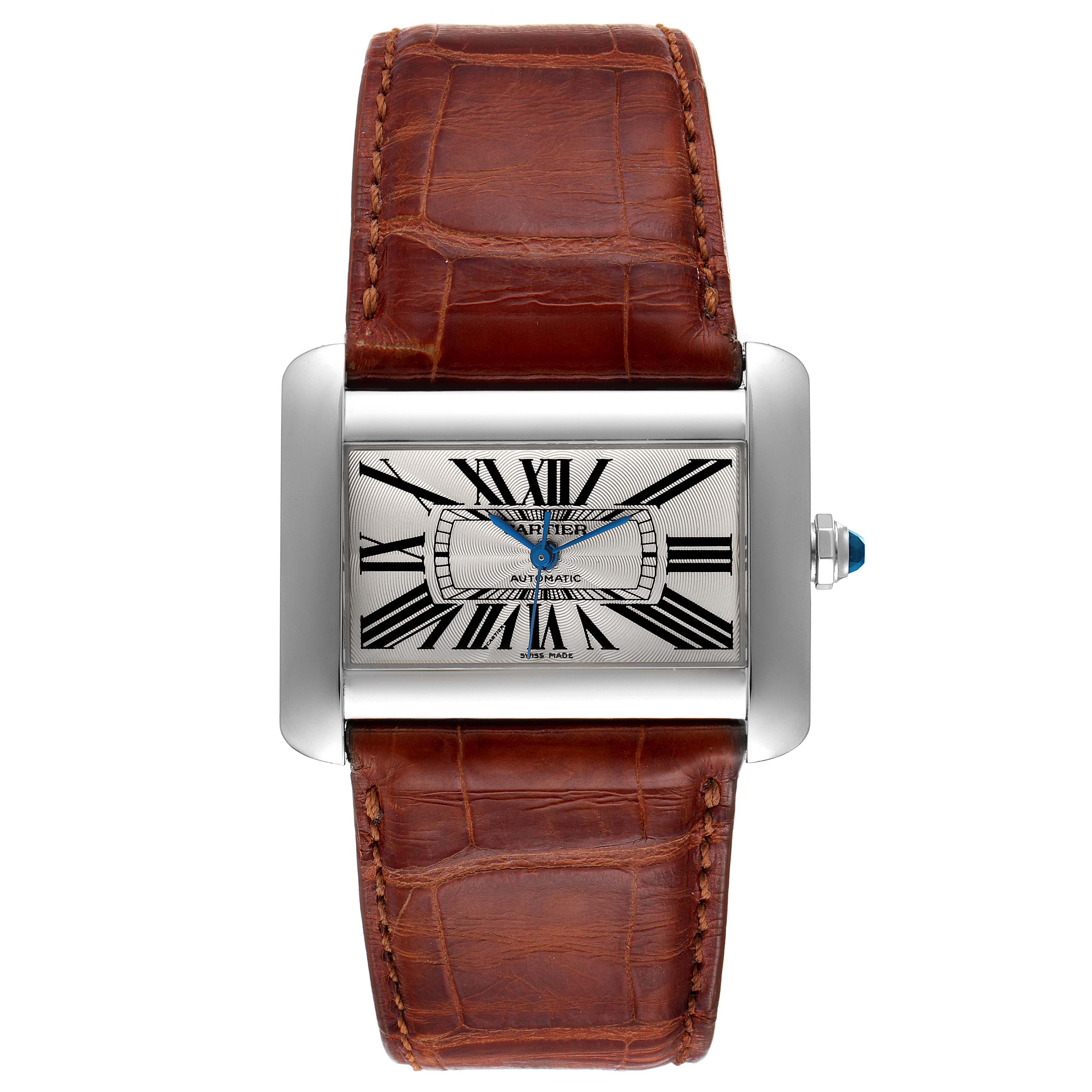 The image shows a front view of the Cartier Tank Divan W6300755 Women's Stainless Steel Silver Dial W6300755 Women's Stainless Steel Silver Dial watch, displaying its brown leather strap and rectangular dial with Roman numeral markers.