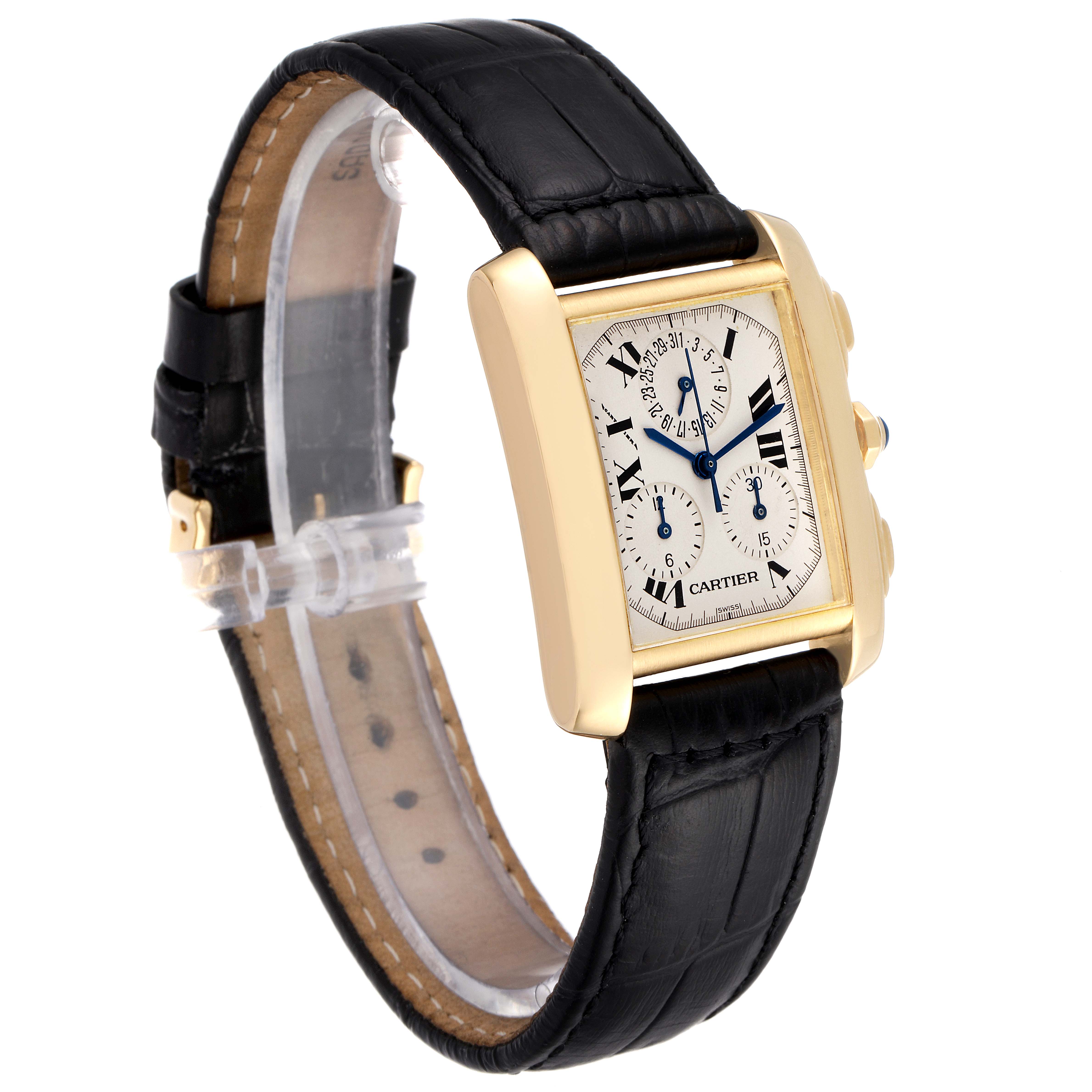 The Cartier Tank Francaise W5000556 Men's Yellow Gold Silver Dial W5000556 Men's Yellow Gold Silver Dial watch is shown at a slight angle, highlighting its rectangular face, black leather strap, and gold casing.