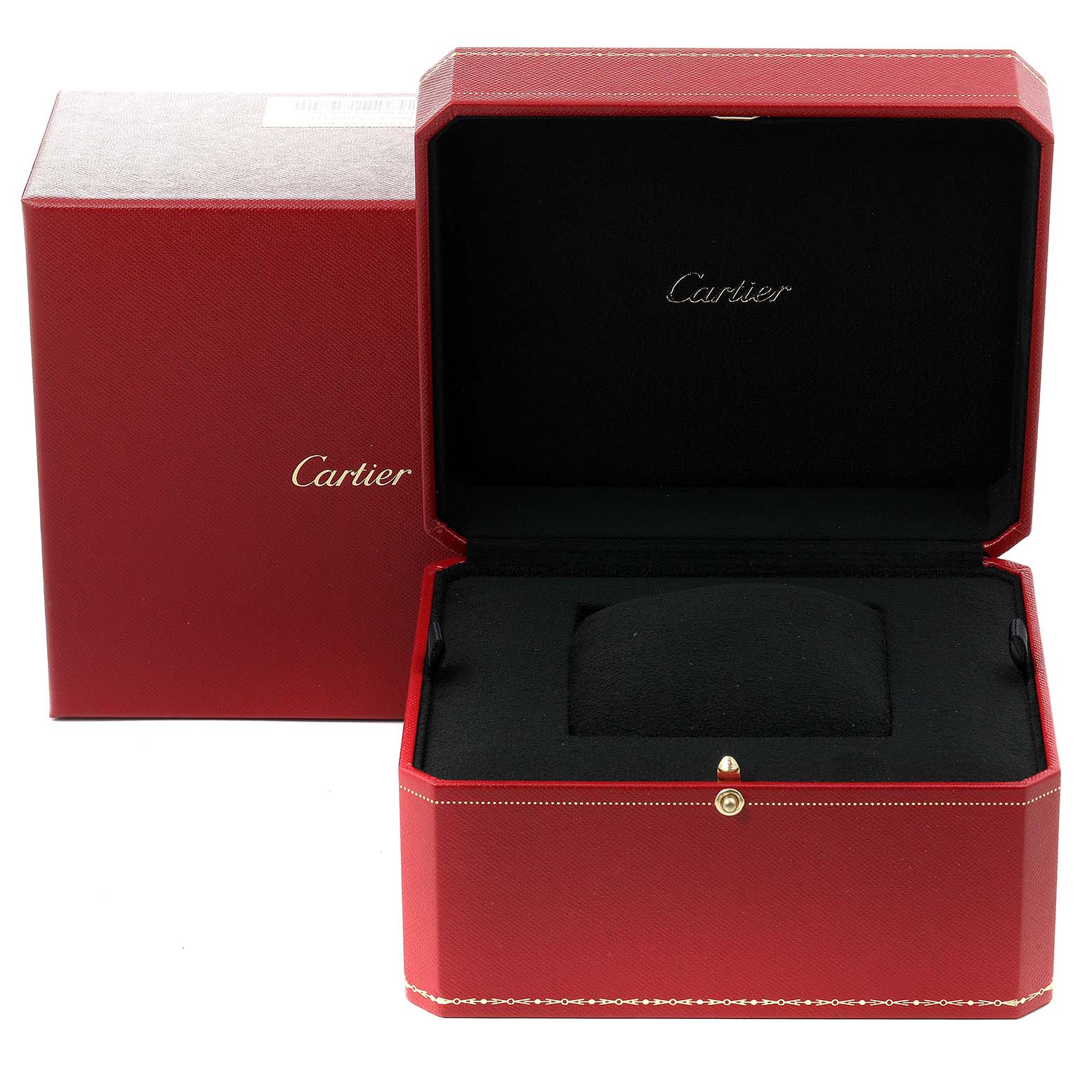 The image shows the open red presentation box and packaging for the Cartier Tank Francaise W5000556 Men's Yellow Gold Silver Dial W5000556 Men's Yellow Gold Silver Dial watch.