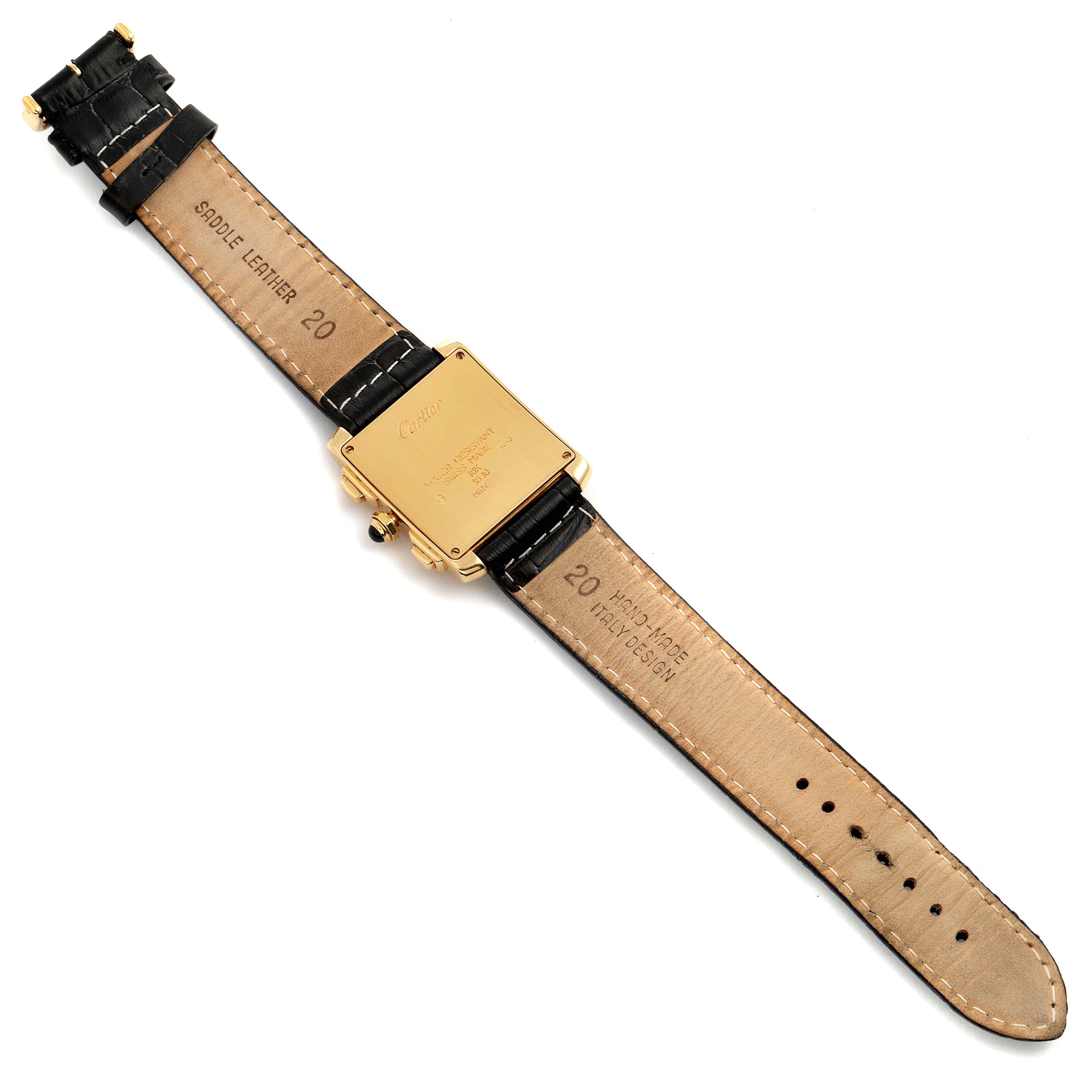 The image shows the back view of a Cartier Tank Française watch, displaying the case and black leather straps.