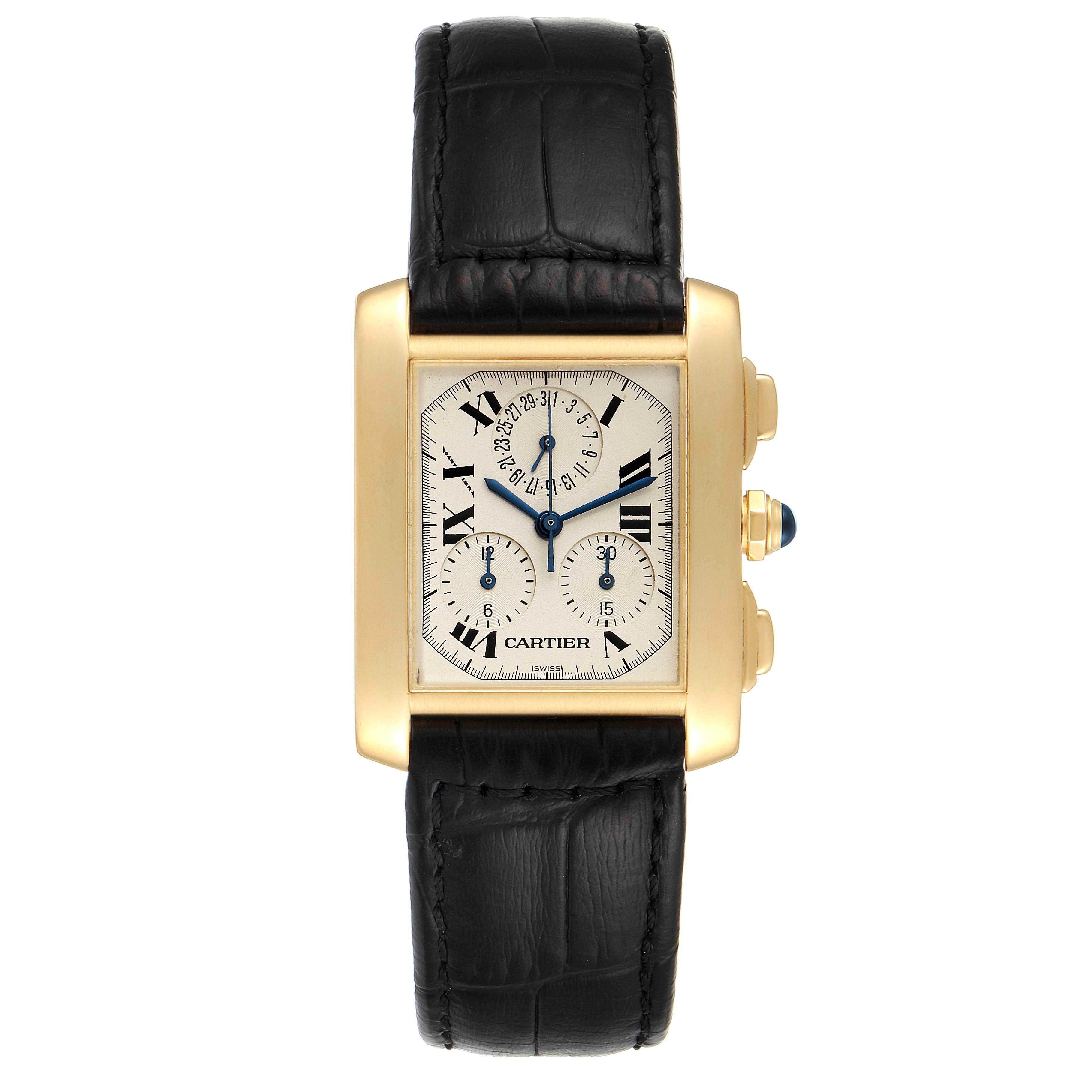 The image shows a front view of a Cartier Tank Francaise W5000556 Men's Yellow Gold Silver Dial W5000556 Men's Yellow Gold Silver Dial watch with a leather strap and gold casing.