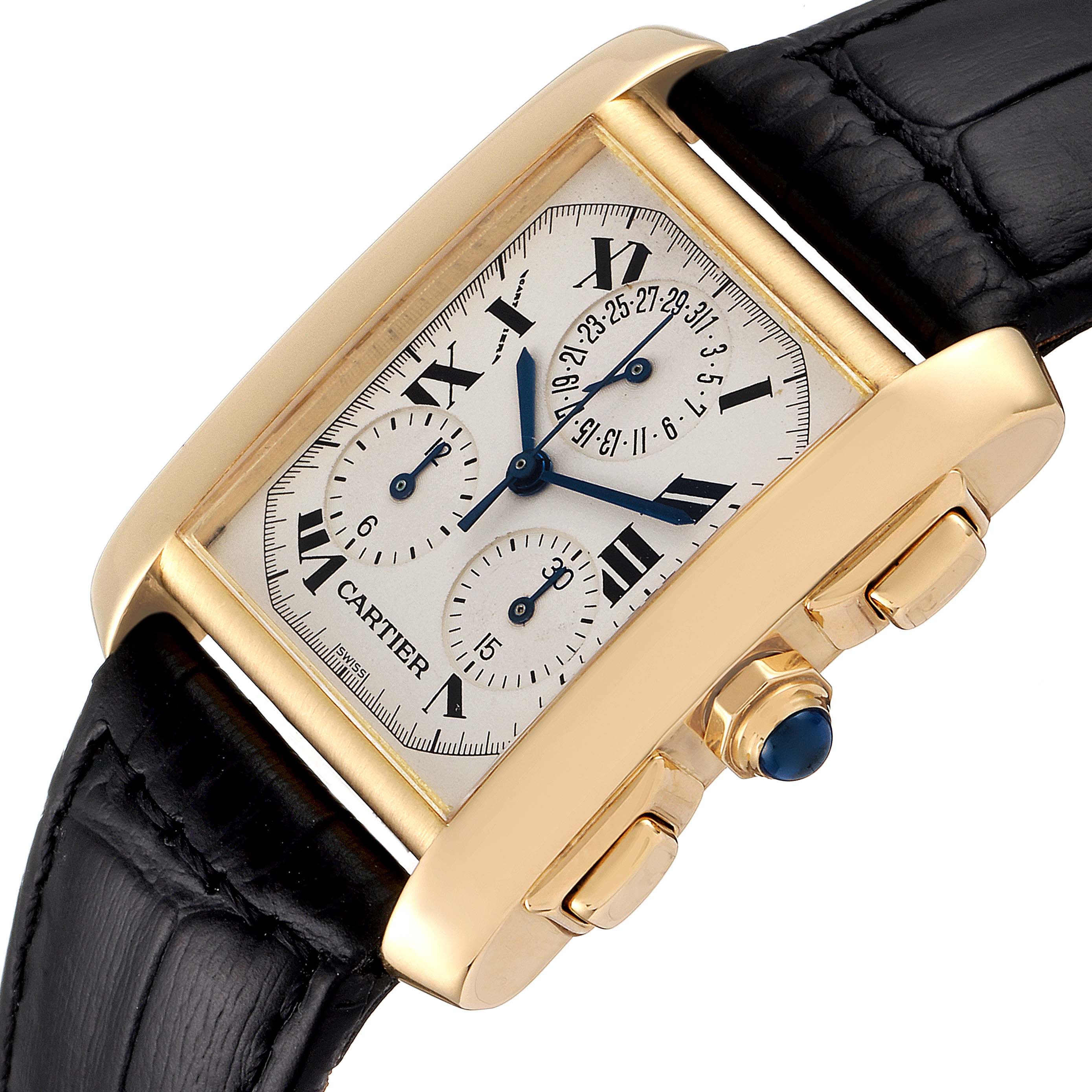 This is a close-up angle of the Cartier Tank Francaise W5000556 Men's Yellow Gold Silver Dial W5000556 Men's Yellow Gold Silver Dial watch, showing its face, straps, and side buttons.