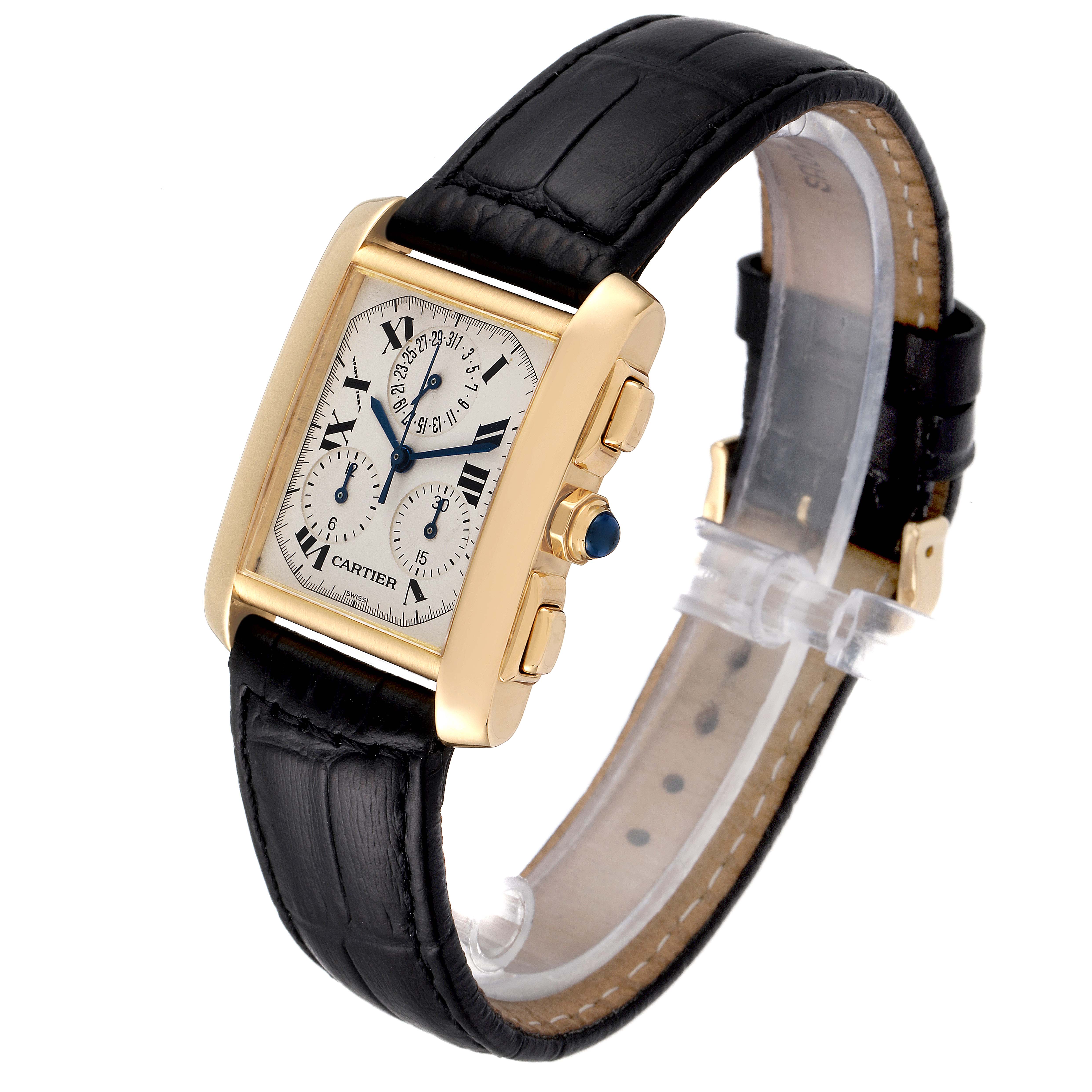 The Cartier Tank Francaise W5000556 Men's Yellow Gold Silver Dial W5000556 Men's Yellow Gold Silver Dial watch is shown at an angled view, highlighting its gold rectangular case, black leather strap, and side buttons.