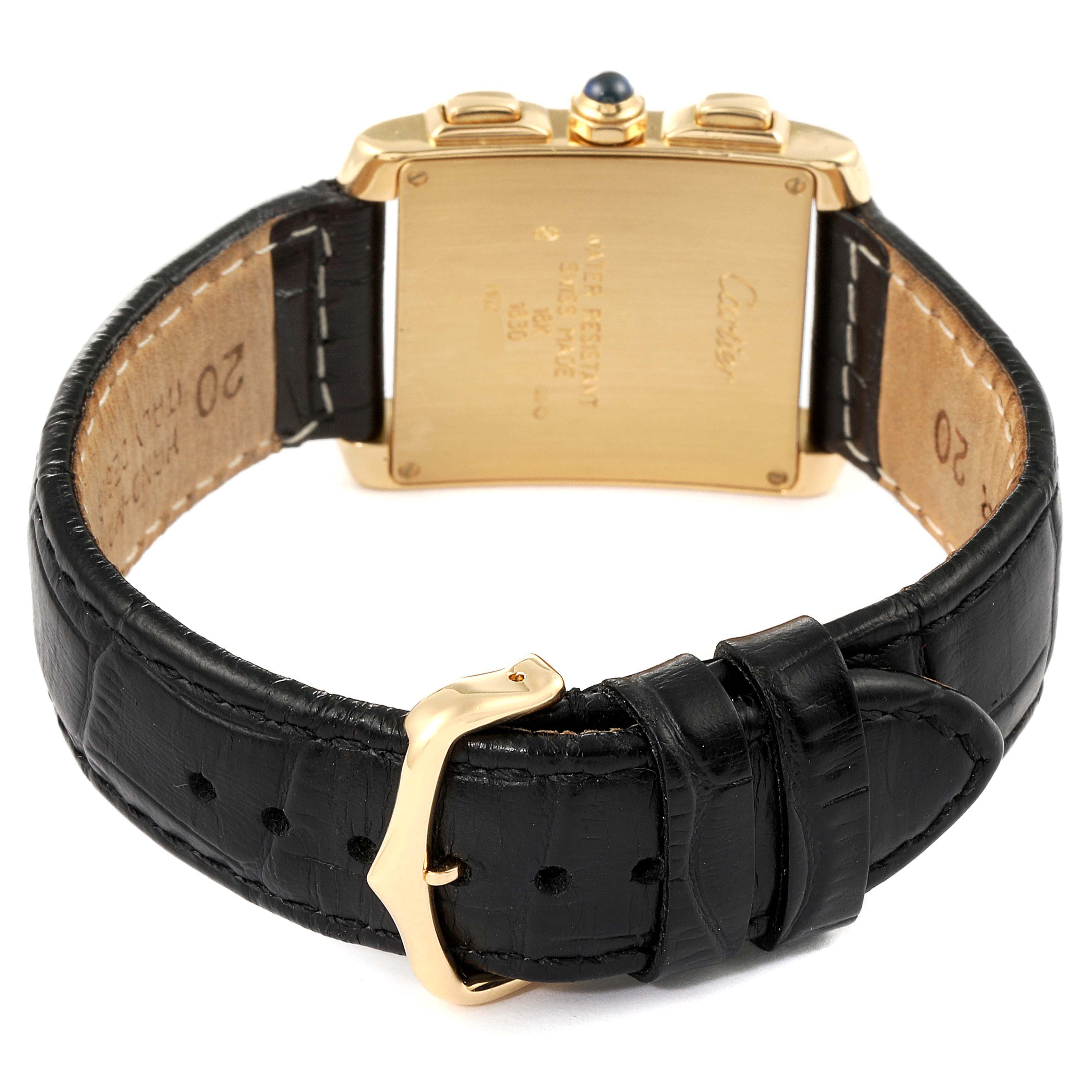 This image shows the back view of a Cartier Tank Francaise W5000556 Men's Yellow Gold Silver Dial W5000556 Men's Yellow Gold Silver Dial watch, highlighting the caseback, crown, and black leather strap.