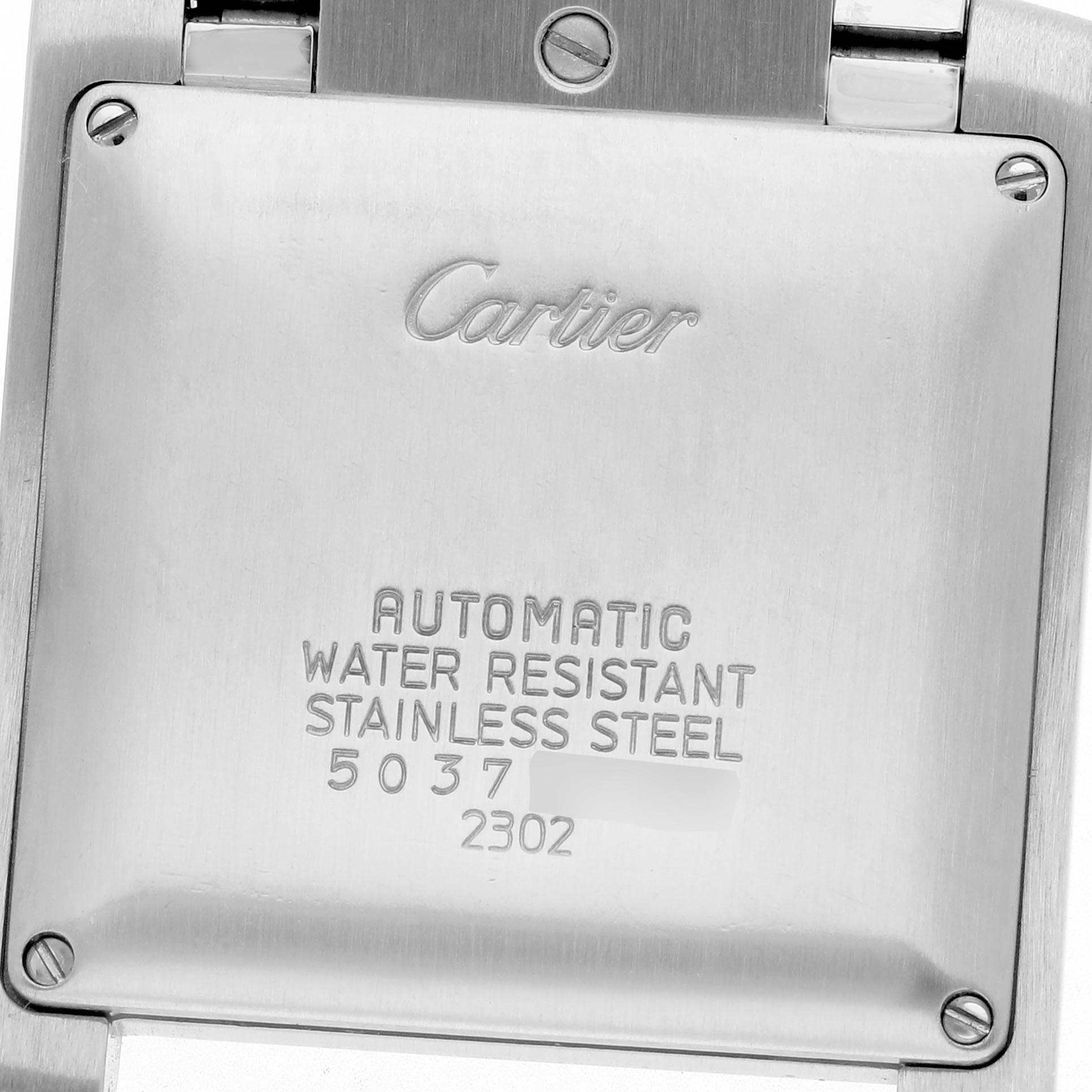 The image shows the back case of a Cartier Tank Francaise W51002Q3 Men
s Stainless Steel Silver Dial W51002Q3 Men
s Stainless Steel Silver Dial watch, highlighting its branding and specifications.