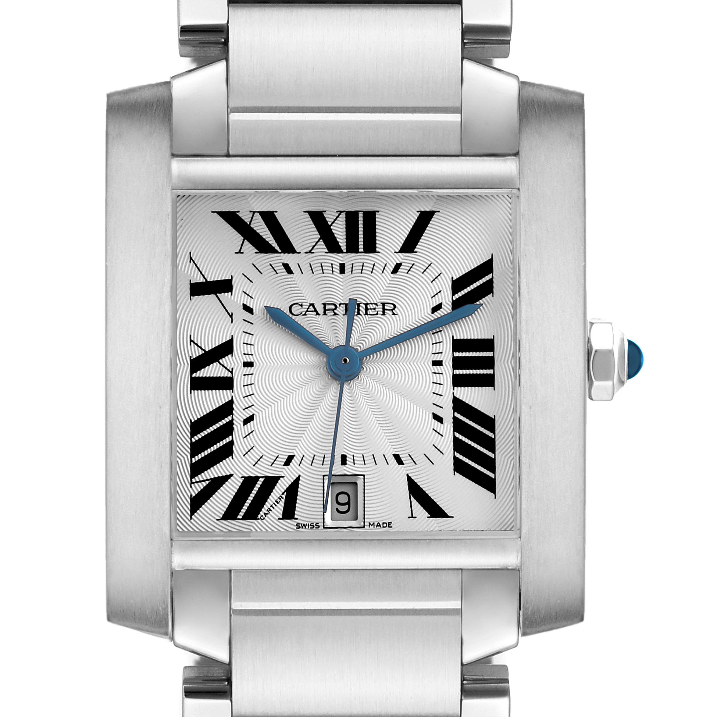 The Cartier Tank Française watch is shown from the front, highlighting its face, Roman numerals, and metallic bracelet.