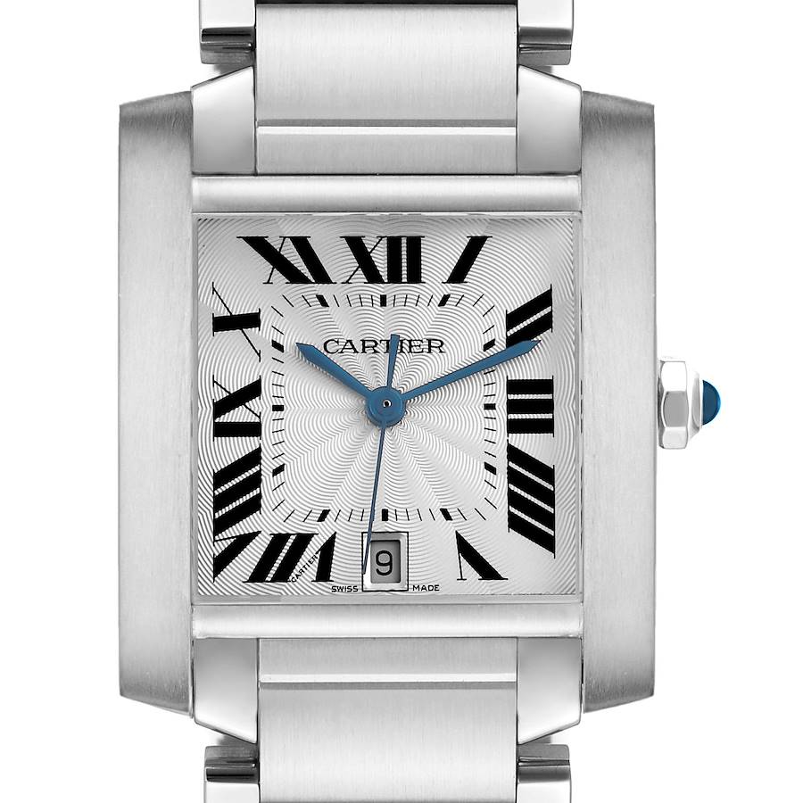 The Cartier Tank Française watch is shown from the front, highlighting its face, Roman numerals, and metallic bracelet.