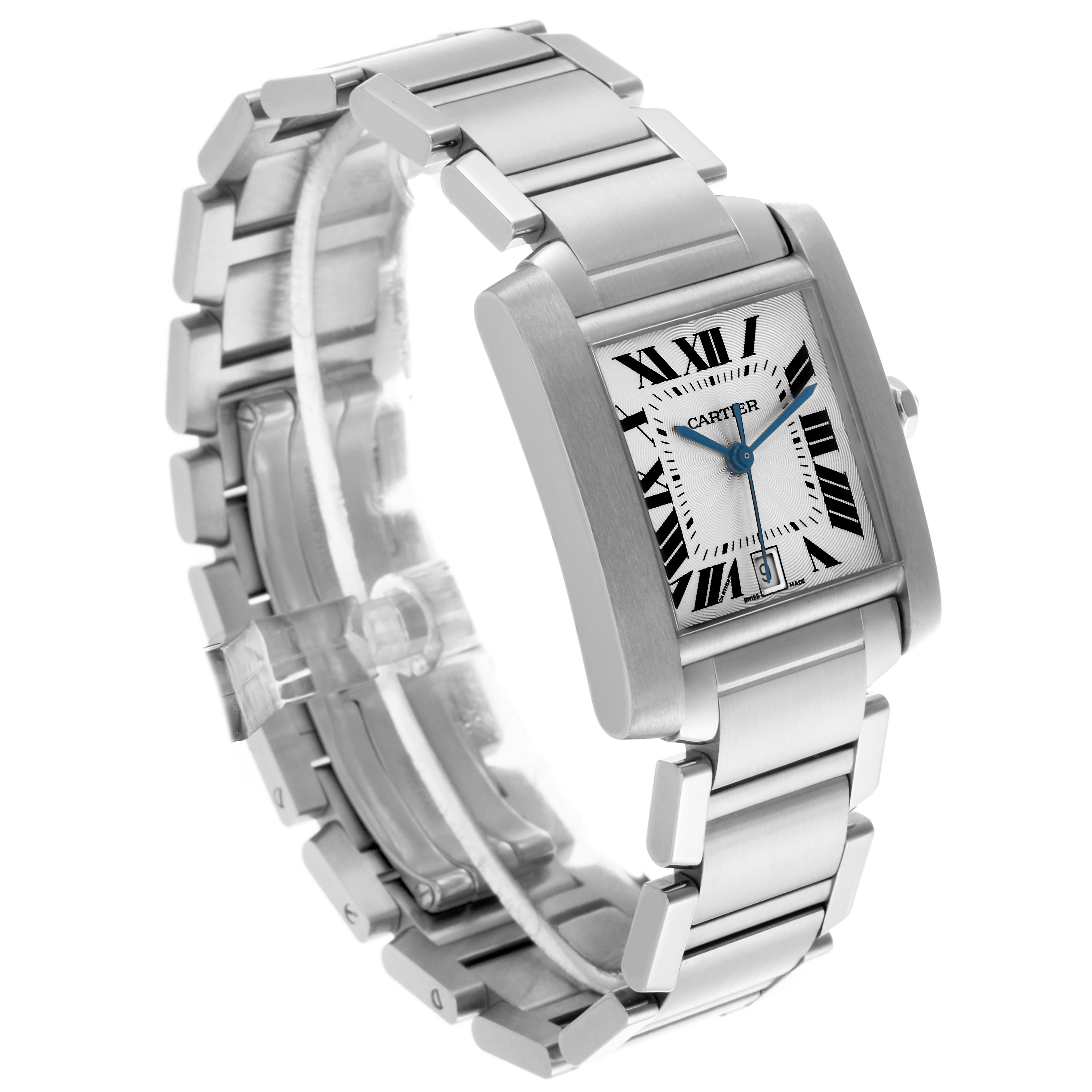 The Cartier Tank Française watch is shown from an angled view, highlighting the face, bracelet, and side profile.