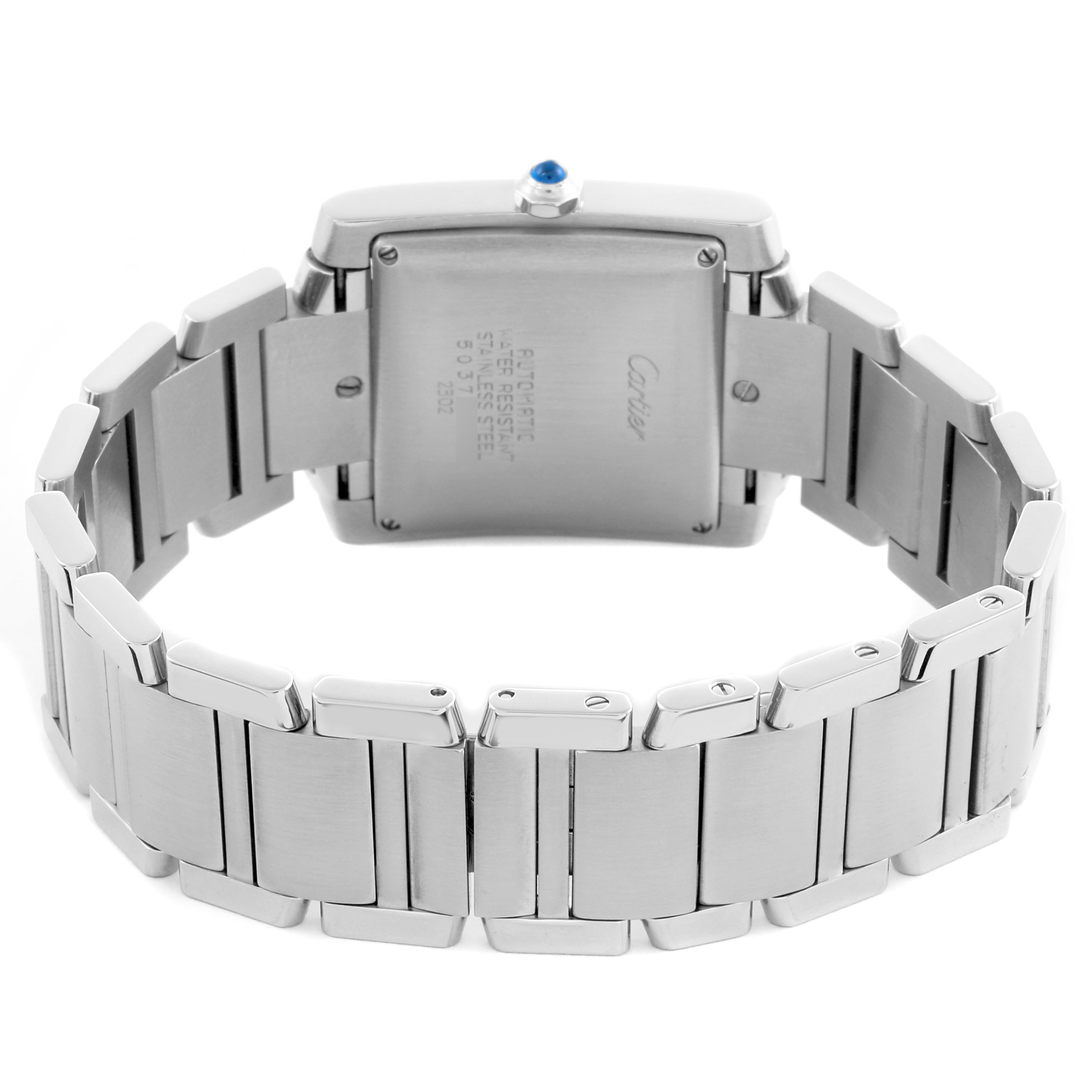 The image shows the back view of a Cartier Tank Française watch, highlighting its stainless steel bracelet and case back.