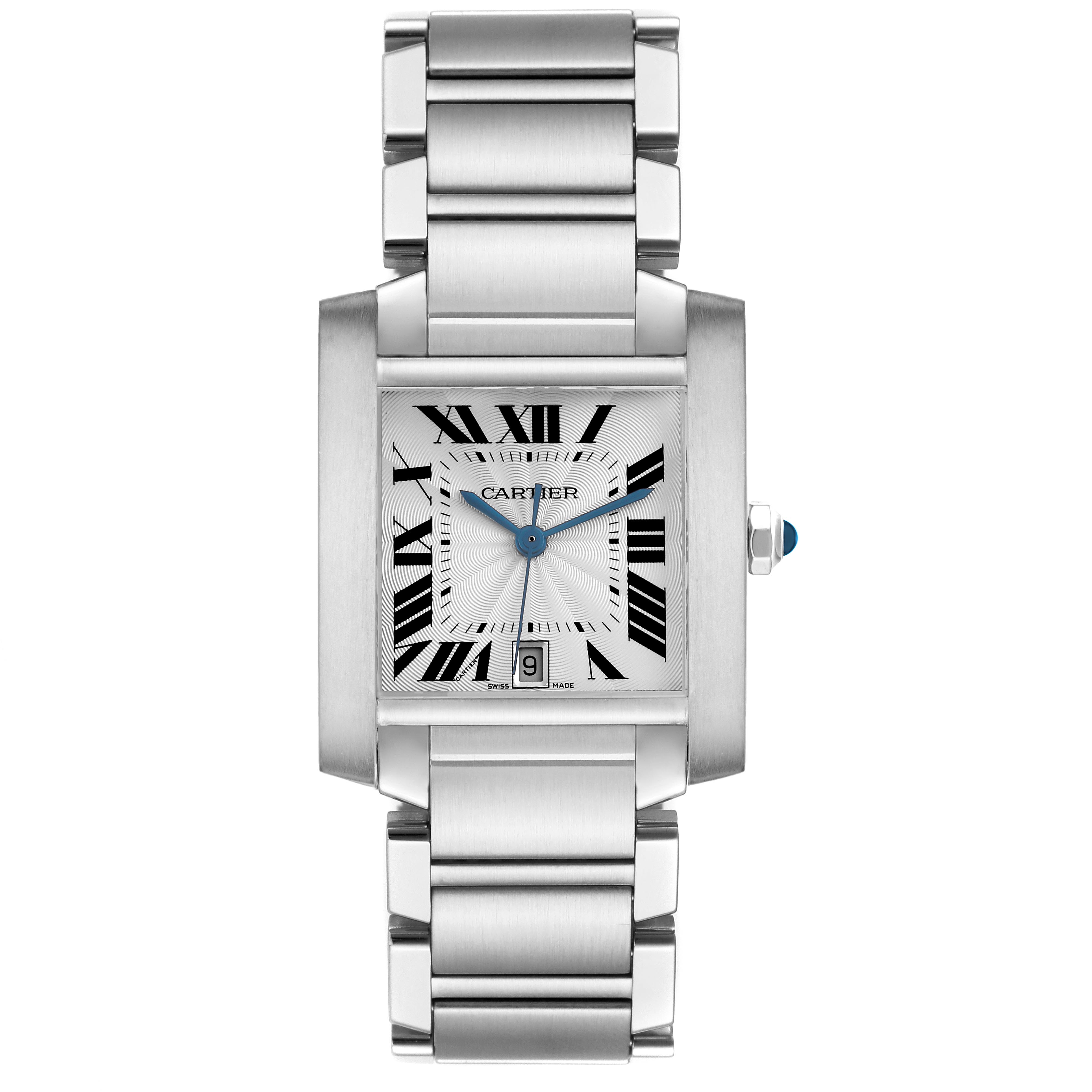 The Cartier Tank Française watch is shown from a front angle, displaying its dial, bracelet, and crown details.