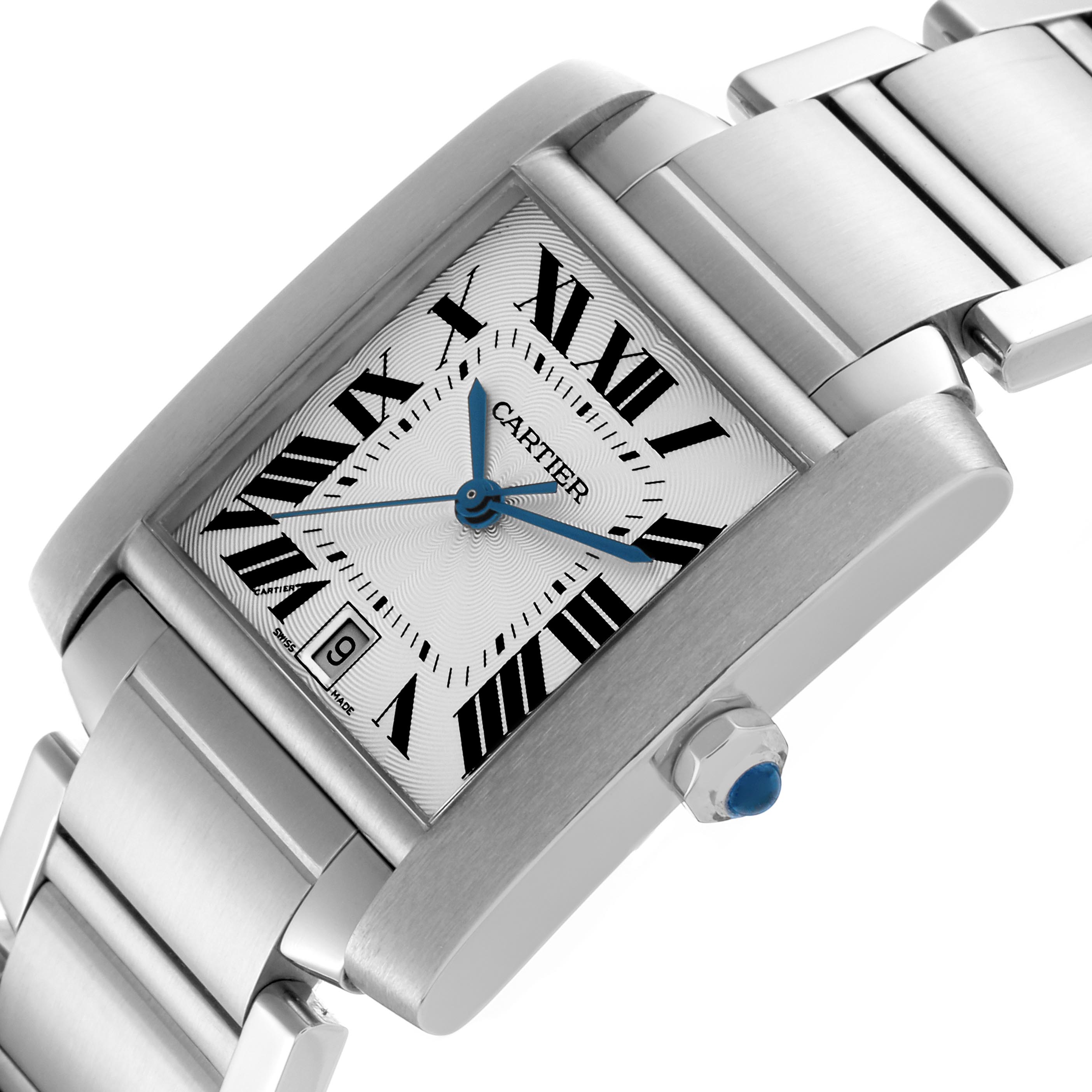 The Cartier Tank Francaise W51002Q3 Men
s Stainless Steel Silver Dial W51002Q3 Men
s Stainless Steel Silver Dial watch is shown at an angle highlighting the face, crown, and a portion of the bracelet.