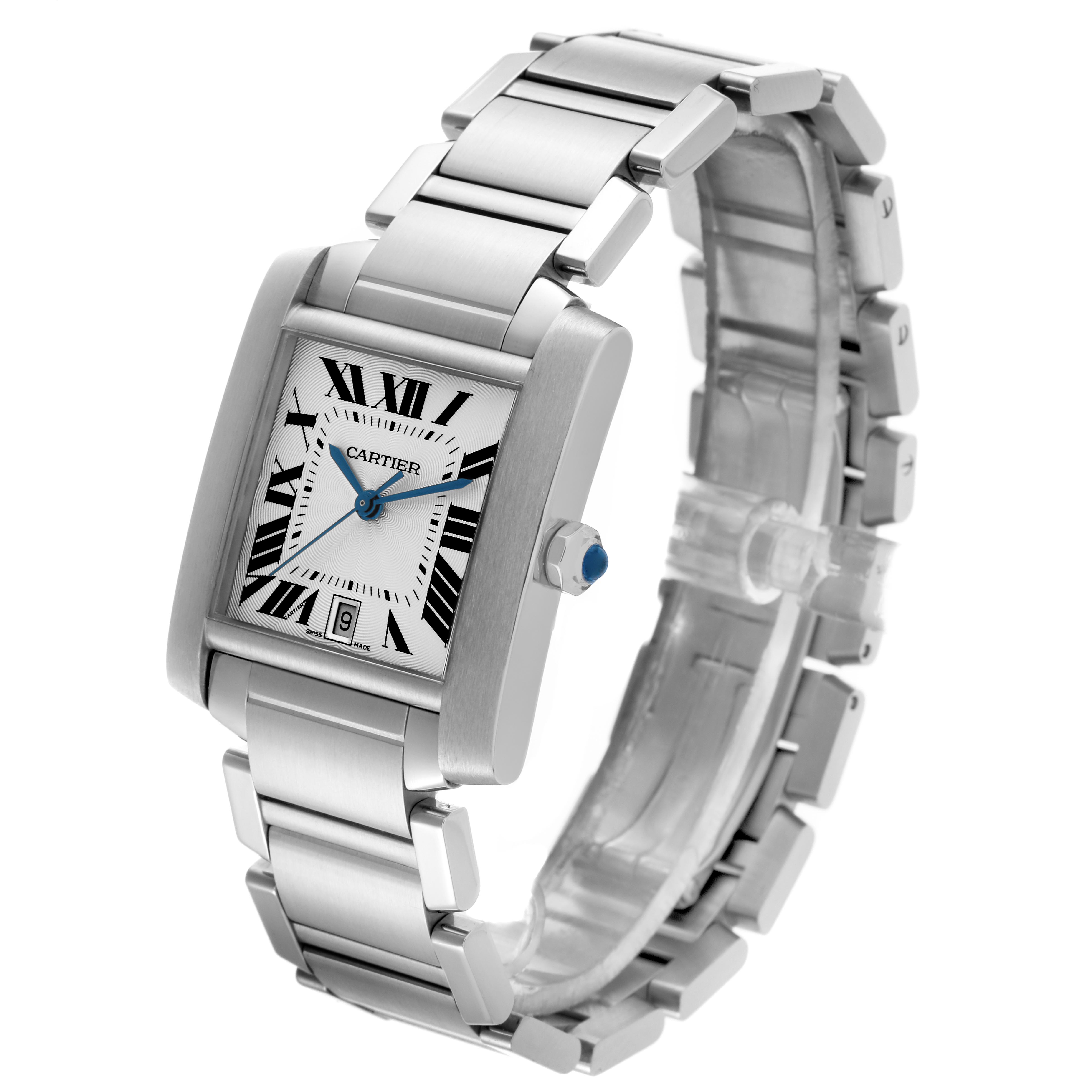 The Cartier Tank Française watch is shown in a three-quarter angle, highlighting its face, case, bracelet, and crown.