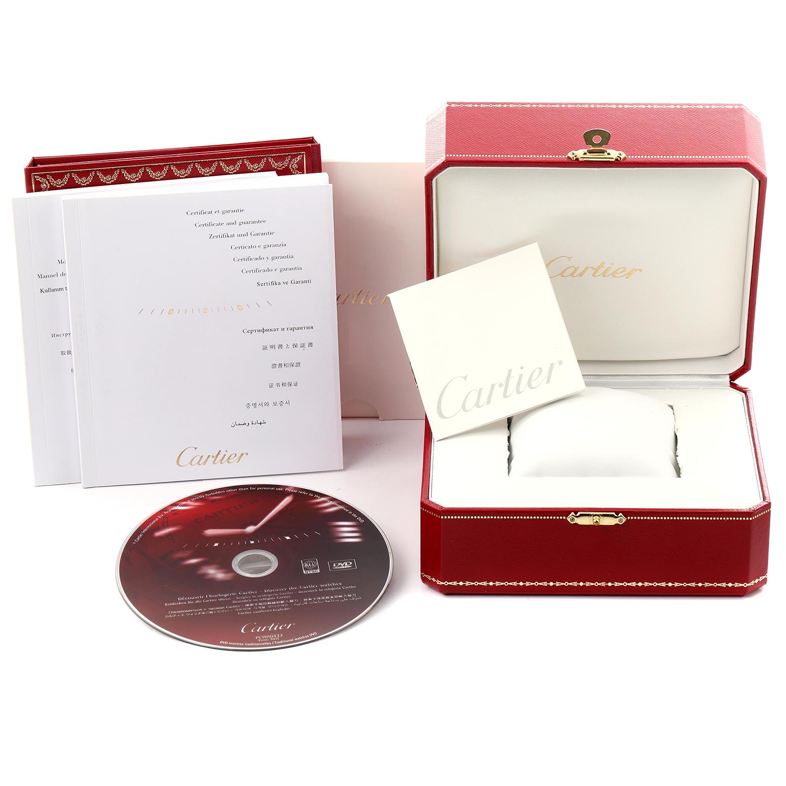 The image shows a Cartier Tank Française box set with documents and a CD, viewed from the front.