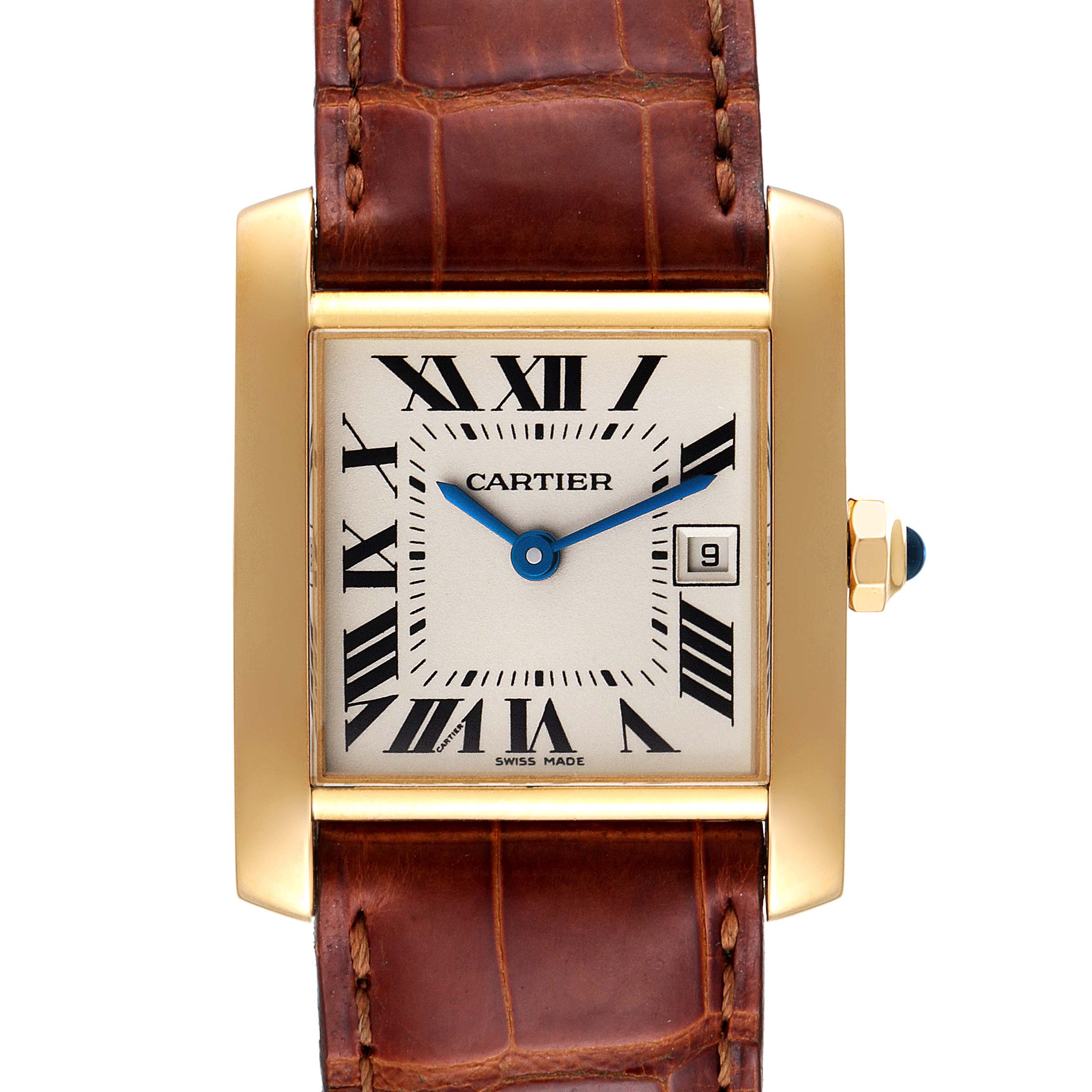 The image shows a front view of a Cartier Tank Française watch with a brown leather strap and gold casing.