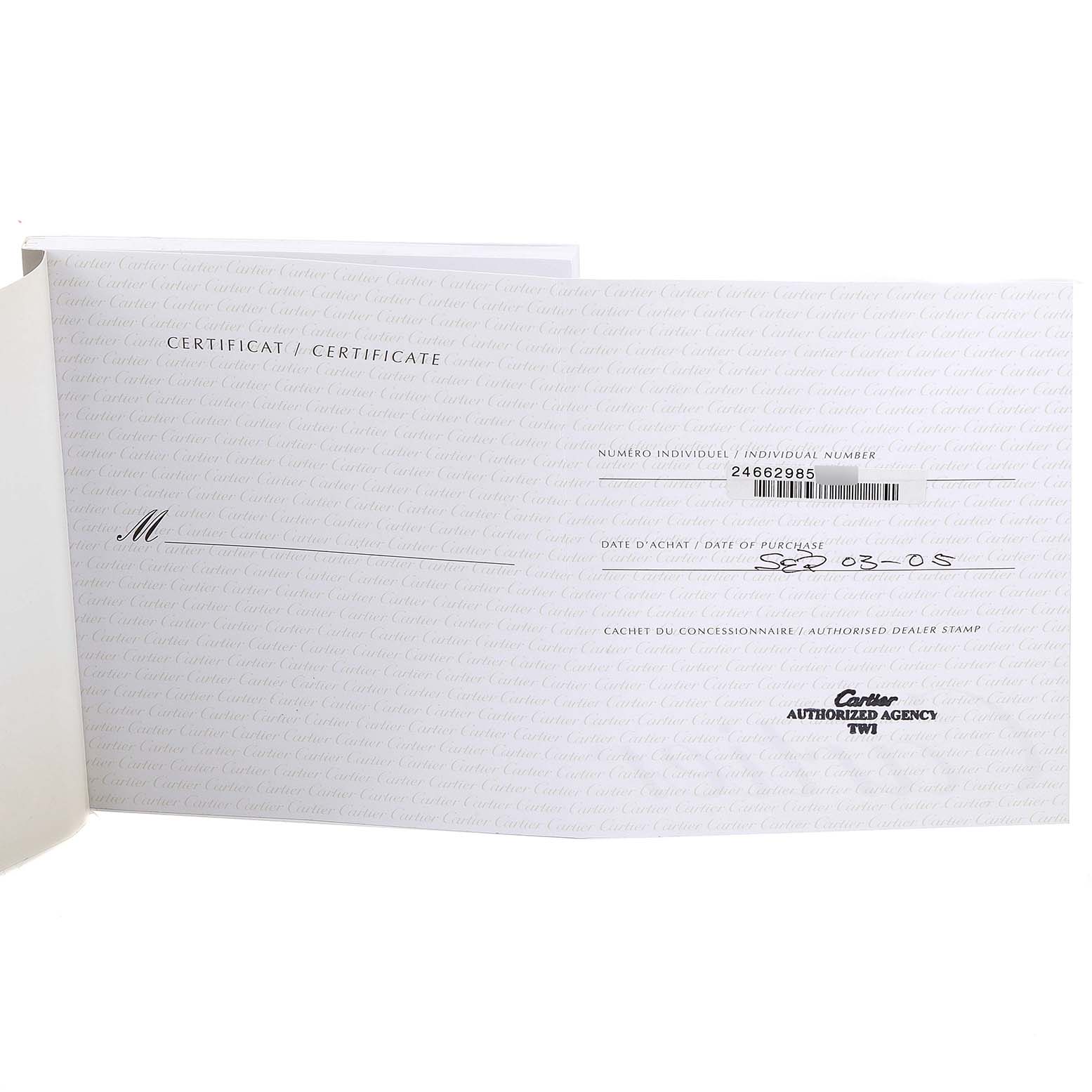 The image shows the certificate of Best Quality
ity for a Cartier Tank Francaise W50014N2 Women
s Yellow Gold Silver Dial W50014N2 Women
s Yellow Gold Silver Dial watch, including the individual number and date of purchase.