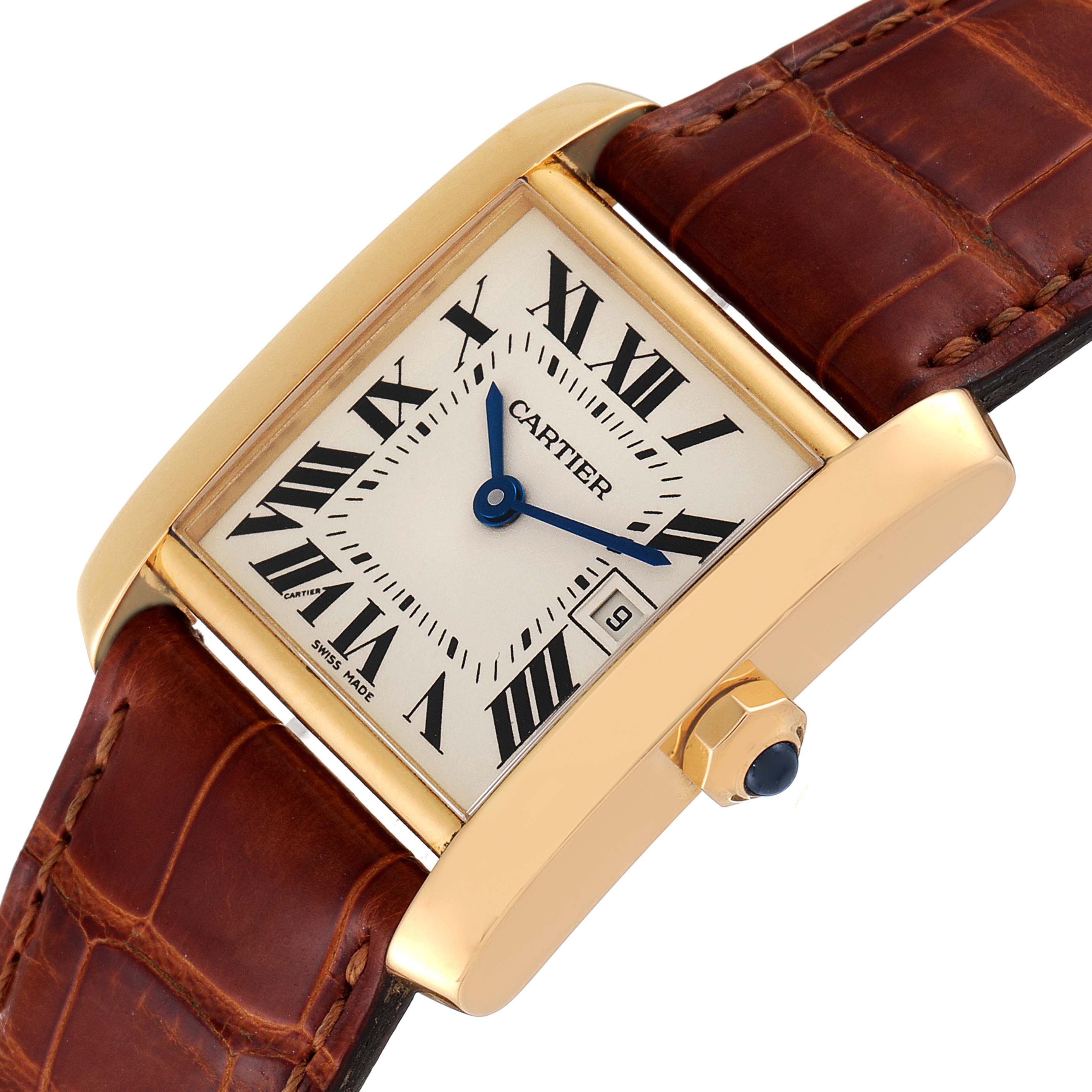 The image shows a Cartier Tank Francaise W50014N2 Women
s Yellow Gold Silver Dial W50014N2 Women
s Yellow Gold Silver Dial watch at an angled top-down view, highlighting its face, crown, and leather strap.