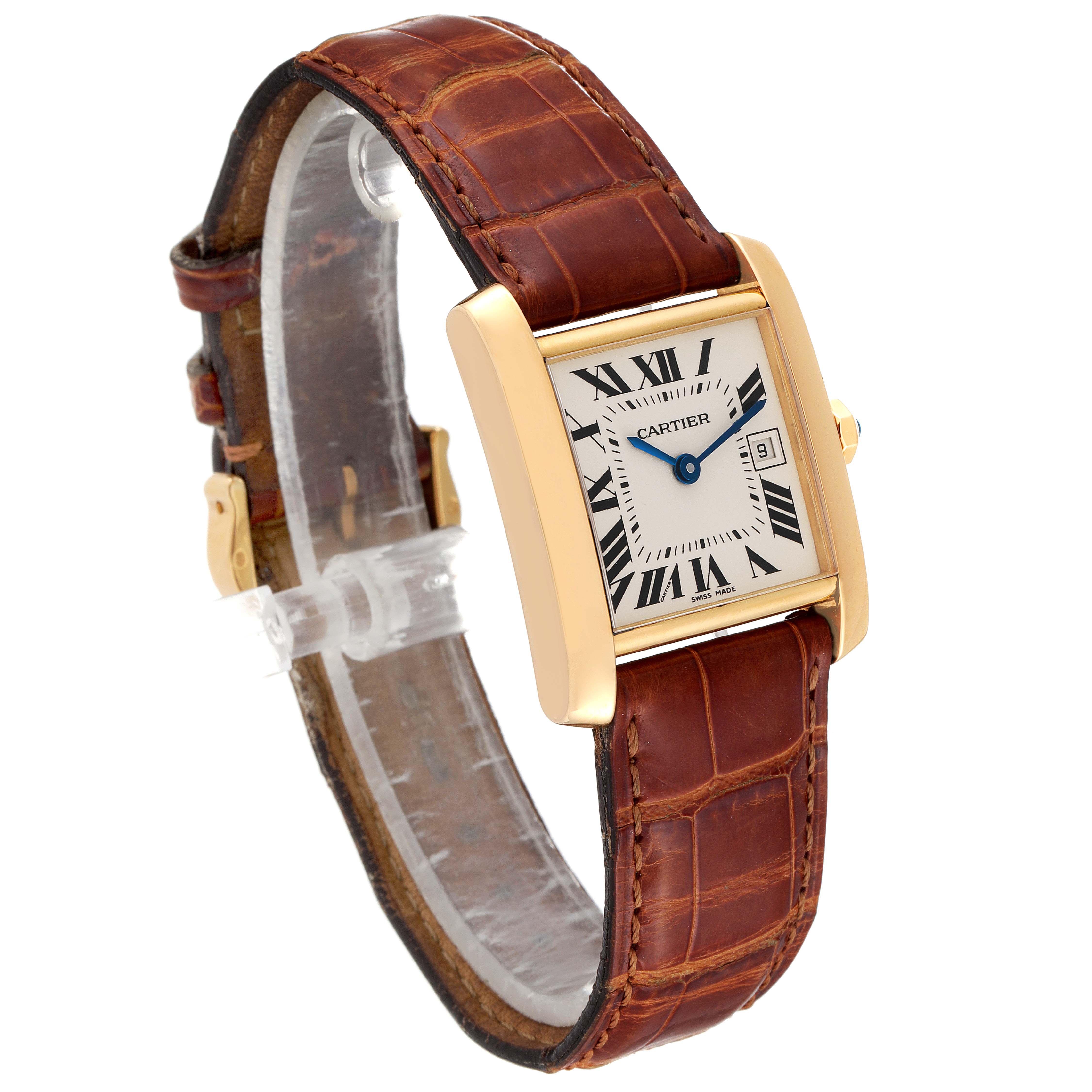 The image shows a Cartier Tank Francaise W50014N2 Women
s Yellow Gold Silver Dial W50014N2 Women
s Yellow Gold Silver Dial watch at a three-quarter angle, highlighting the face, case, and leather strap.