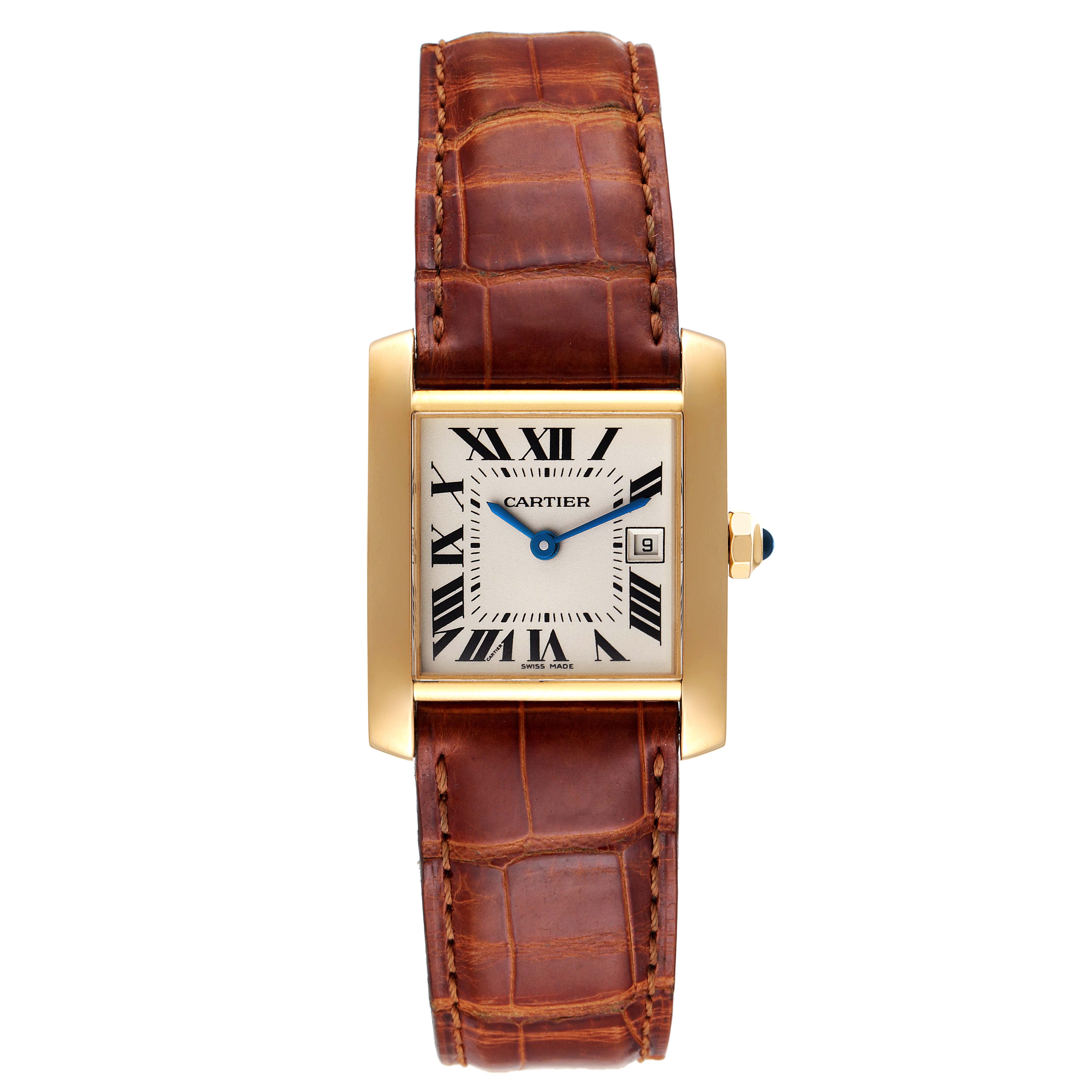 This image shows a straight front view of the Cartier Tank Française watch, highlighting the rectangular dial, leather strap, and gold casing.