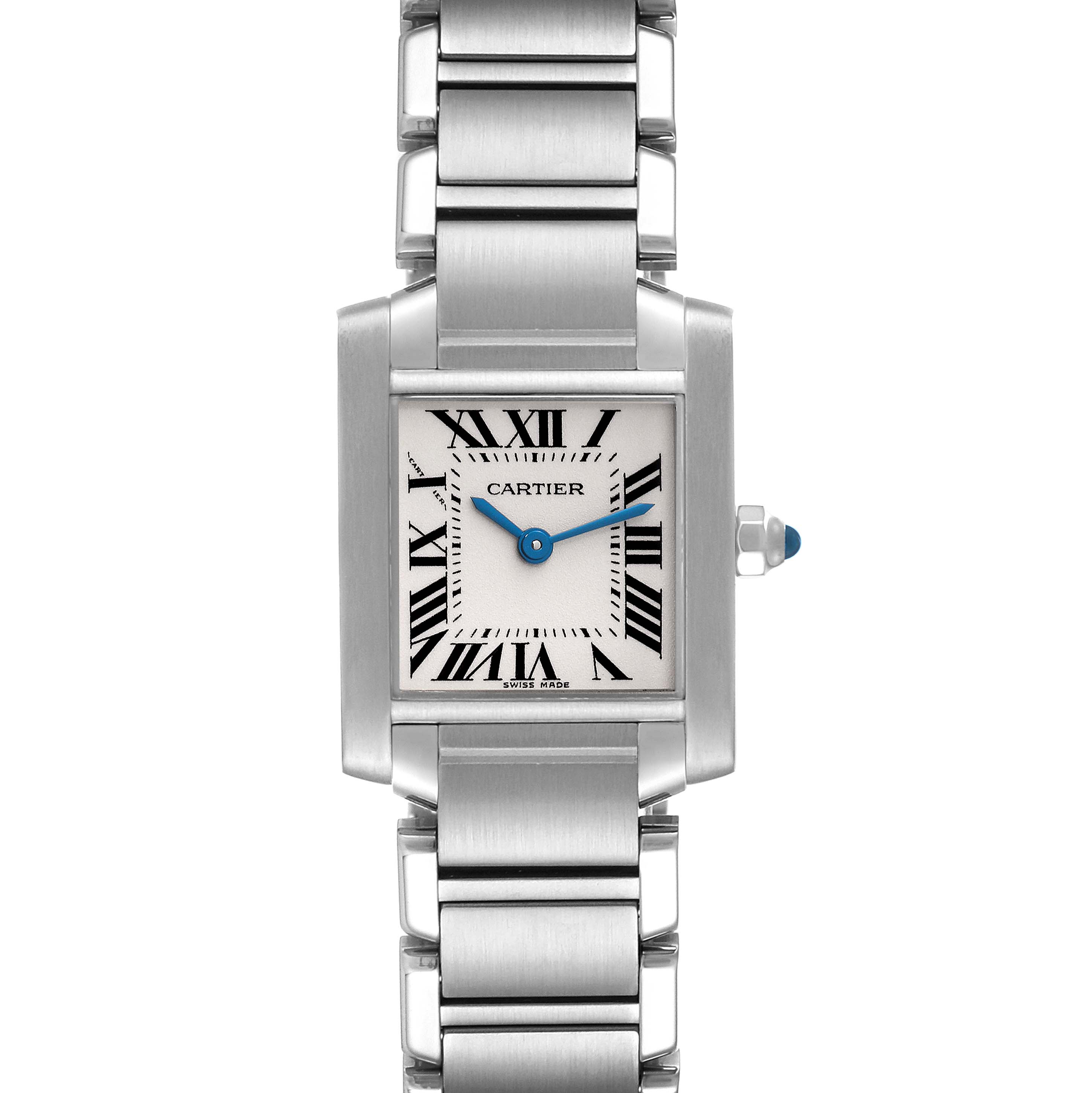 The image shows a frontal view of the Cartier Tank Française watch, highlighting its rectangular face and metal bracelet.