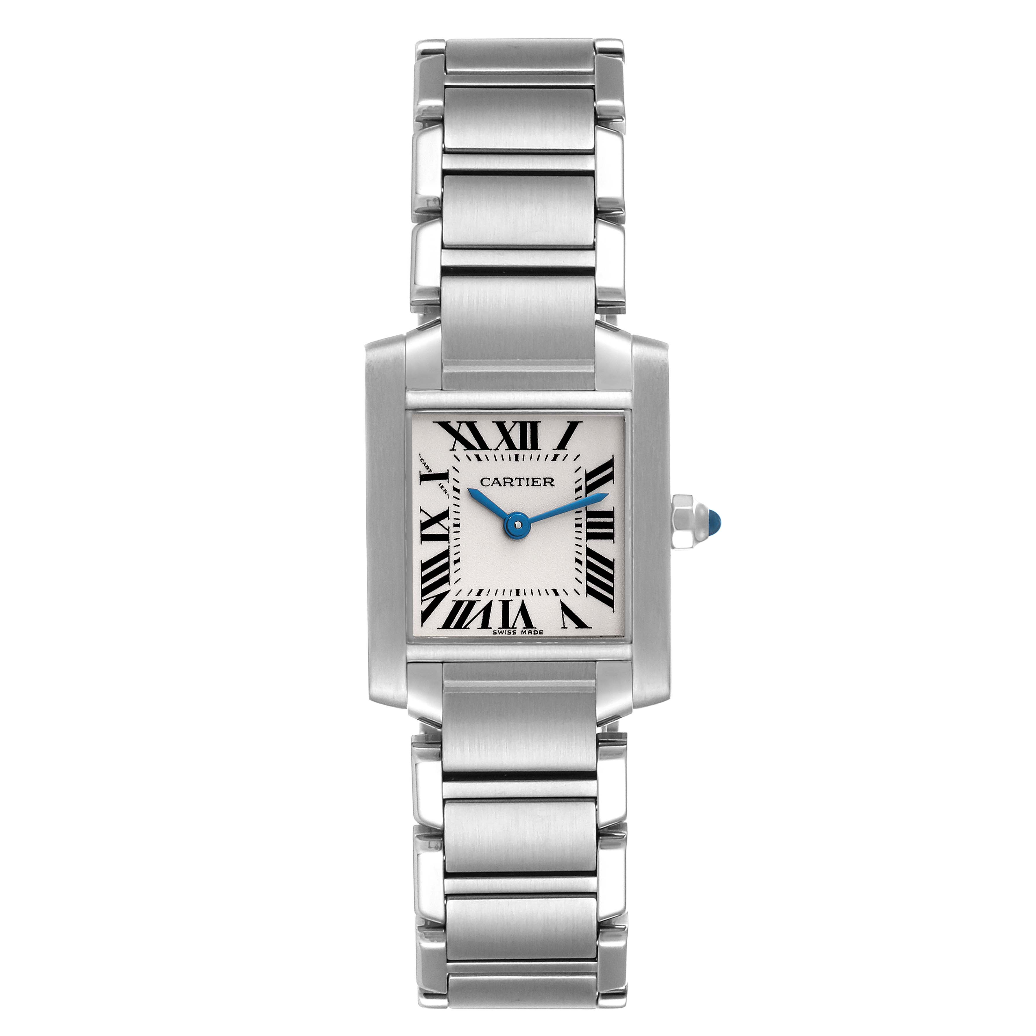 The image shows a Cartier Tank Francaise W51008Q3 Women
s Stainless Steel Silver Dial W51008Q3 Women
s Stainless Steel Silver Dial watch from a front angle, highlighting its face, bracelet, and crown.