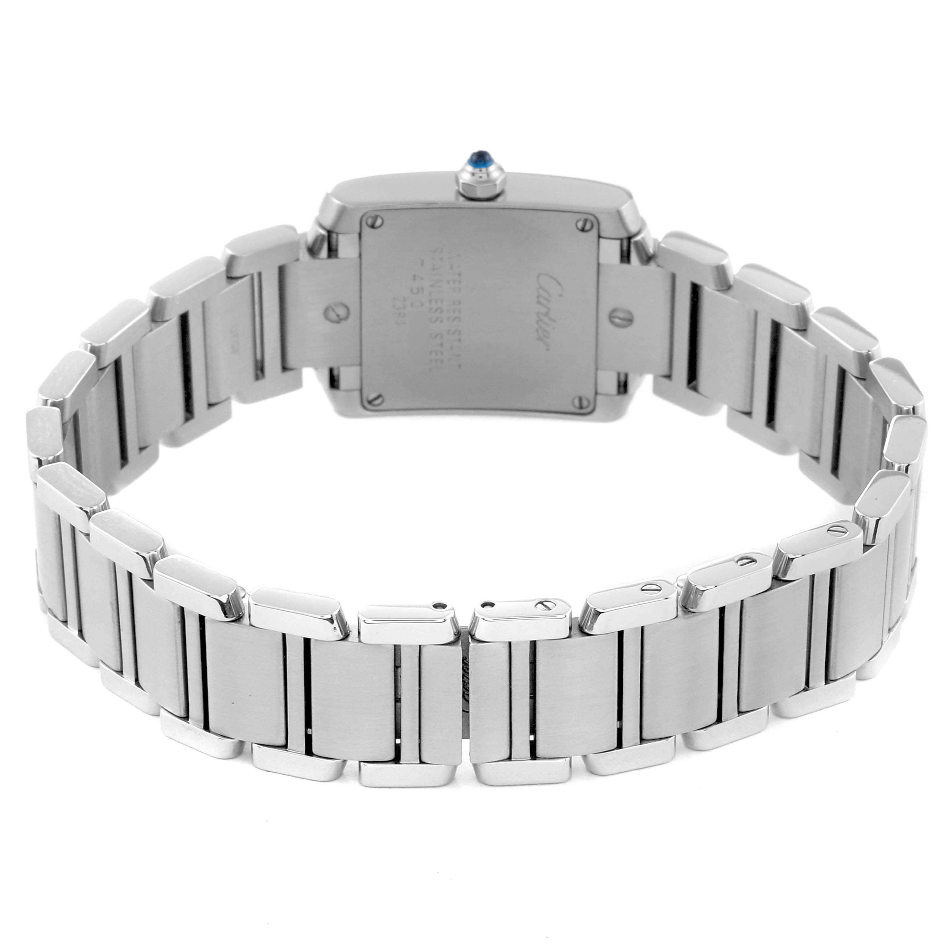 This image shows the back of a Cartier Tank Francaise W51008Q3 Women
s Stainless Steel Silver Dial W51008Q3 Women
s Stainless Steel Silver Dial watch and its metal bracelet.