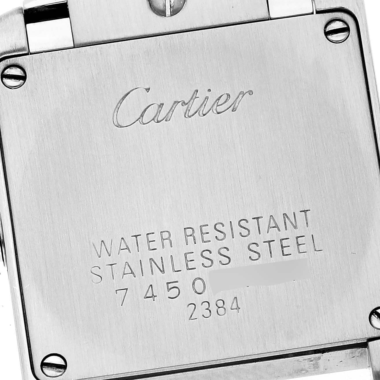 This image shows the back case of a Cartier Tank Française watch, displaying its water resistance and material details.